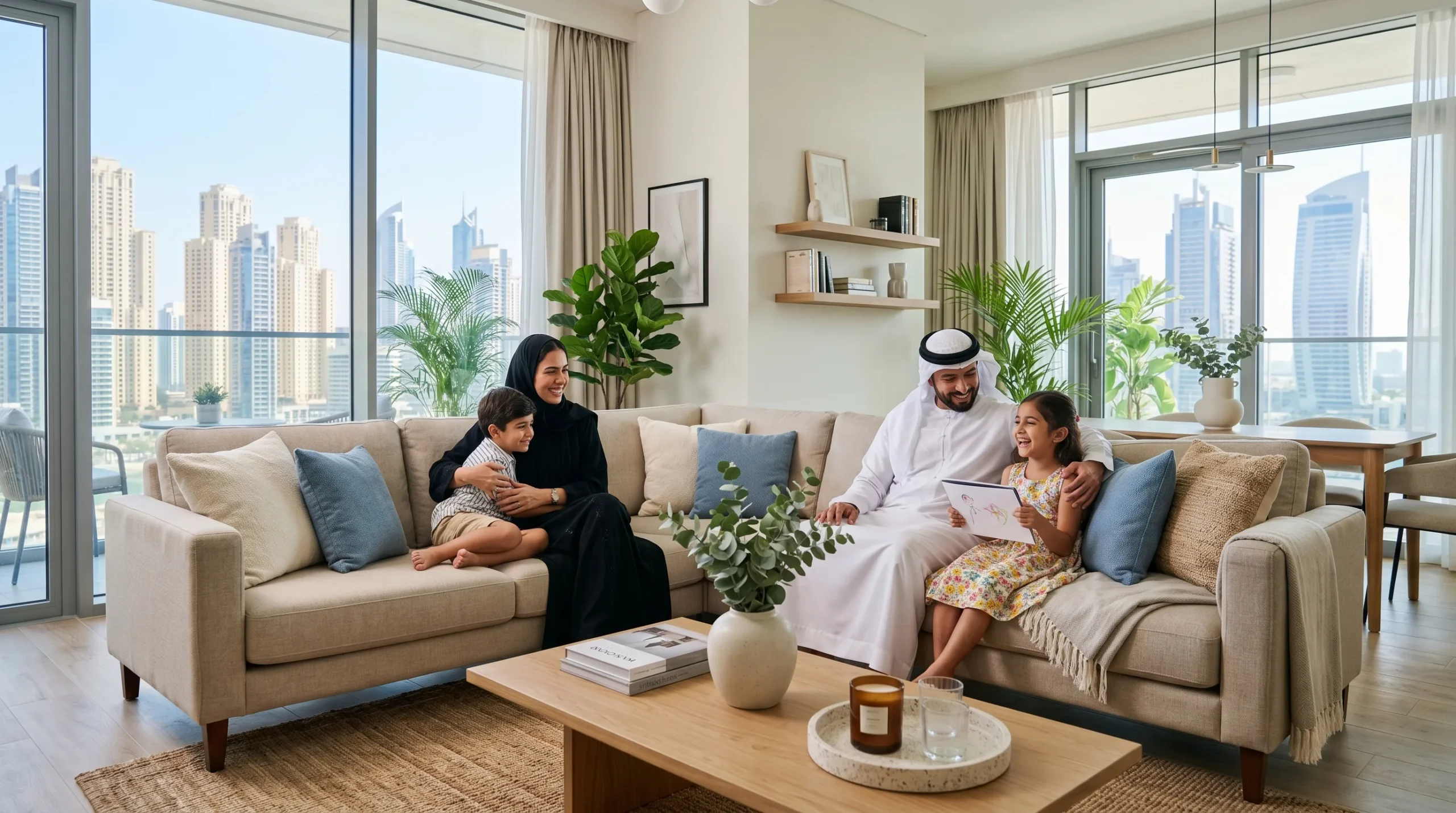 Furniture durability lifespan UAE,  family relaxing on a quality sofa in a Dubai home
