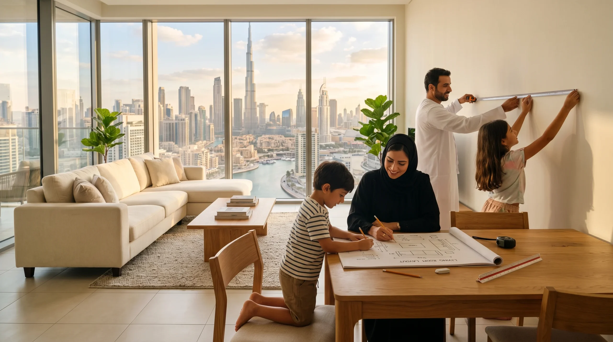 Family planning furniture layout in a modern UAE apartment before moving in