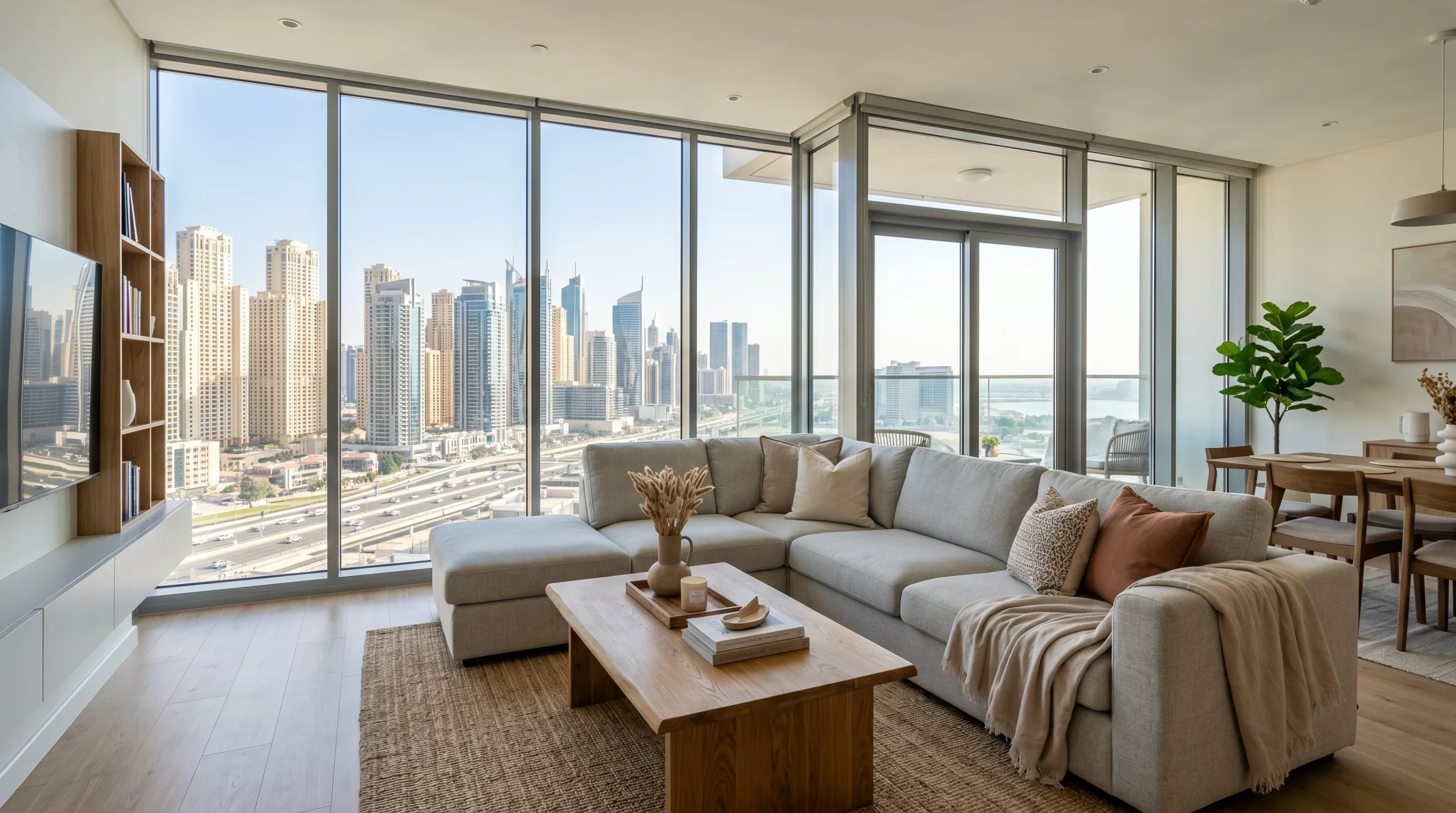 Furniture materials suited for Dubai climate in a modern UAE apartment living room