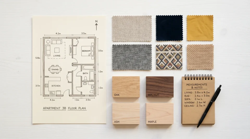 Furniture planning swatches and floor plan for UAE home interior — mixing styles on a budget