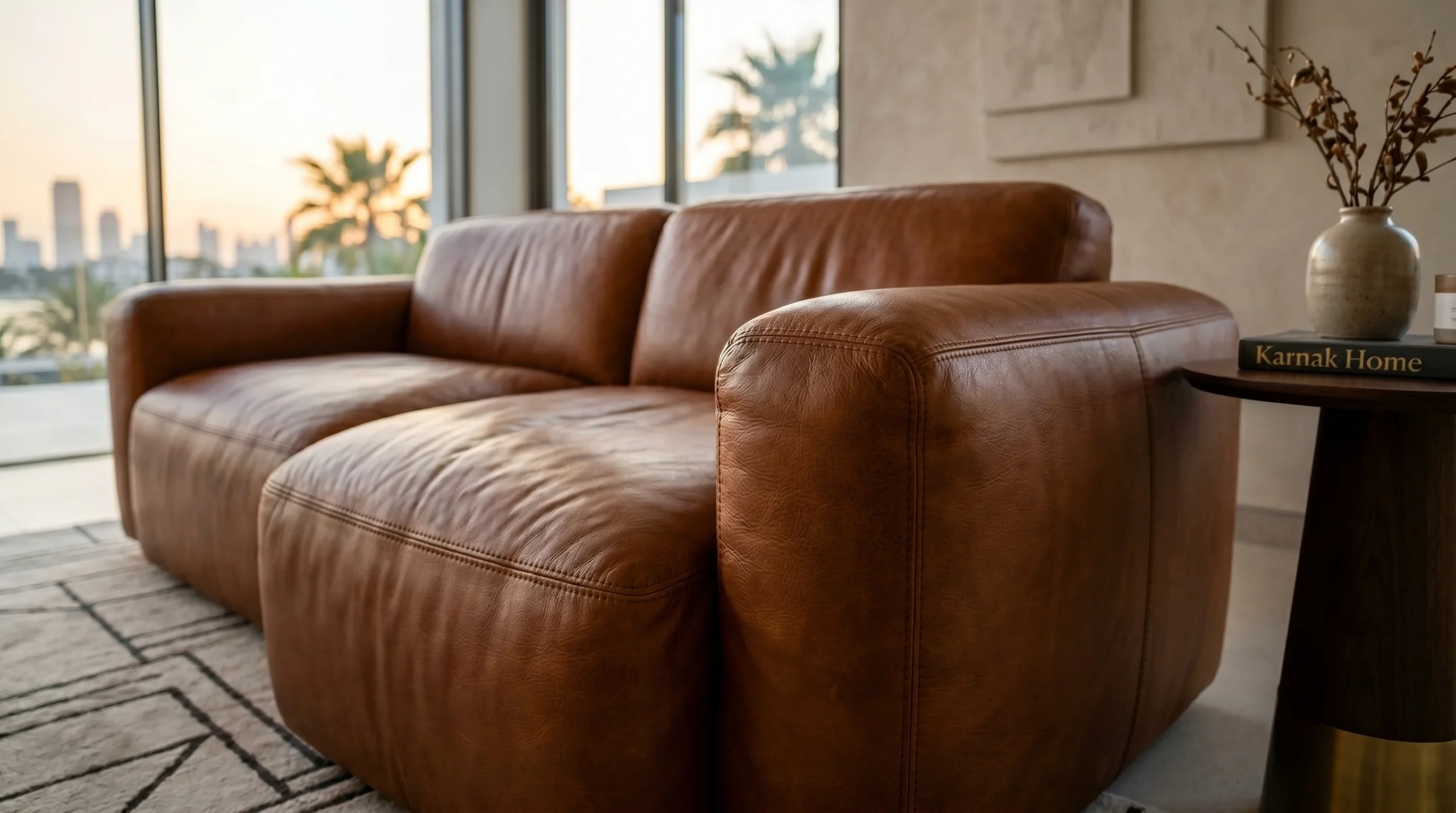 Genuine full-grain leather sofa in Dubai villa  quality stitching and rich texture