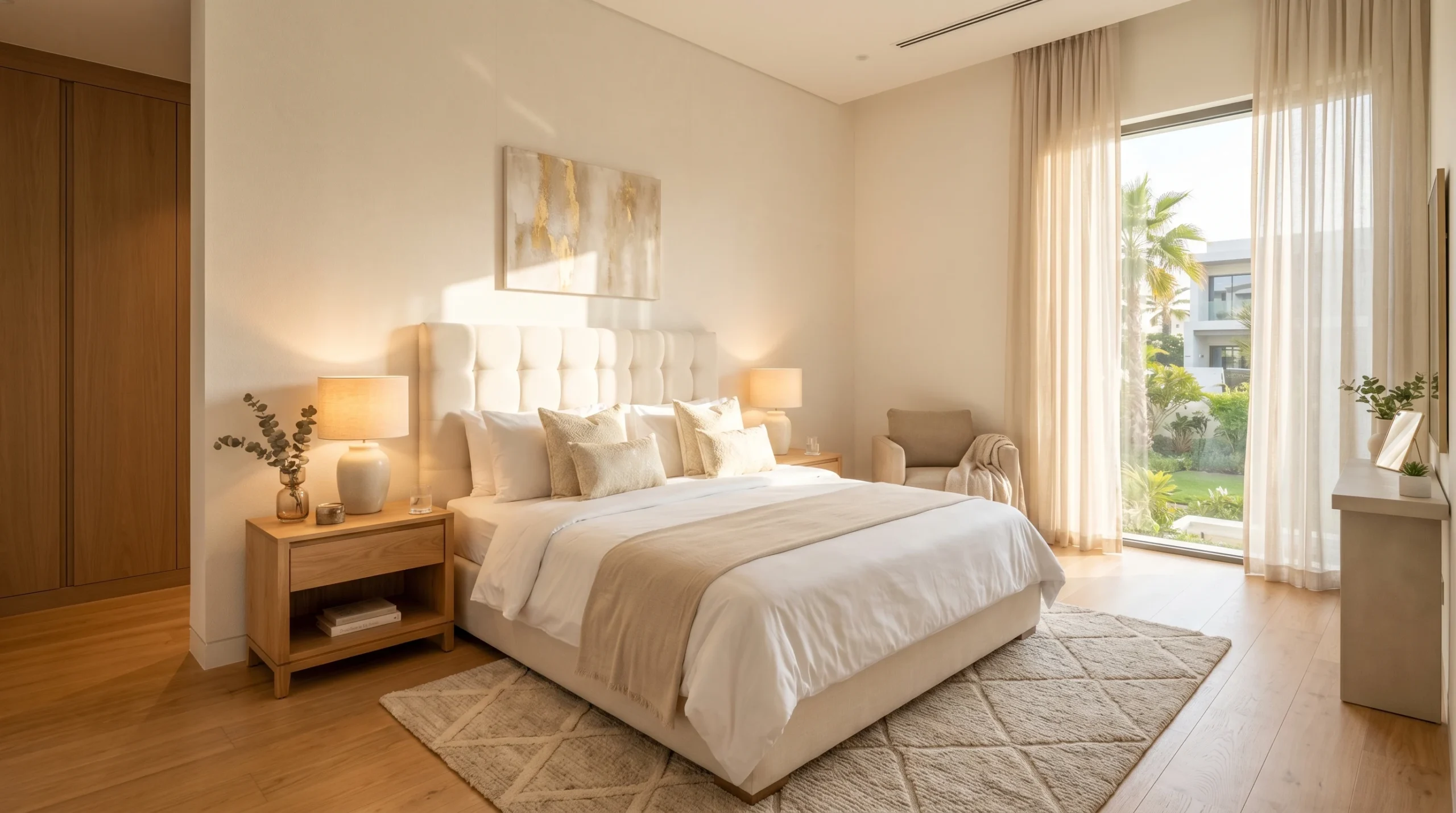 Beautifully furnished guest room in a UAE villa featuring an upholstered bed, wooden nightstands, and warm lighting guest room furniture UAE villa 