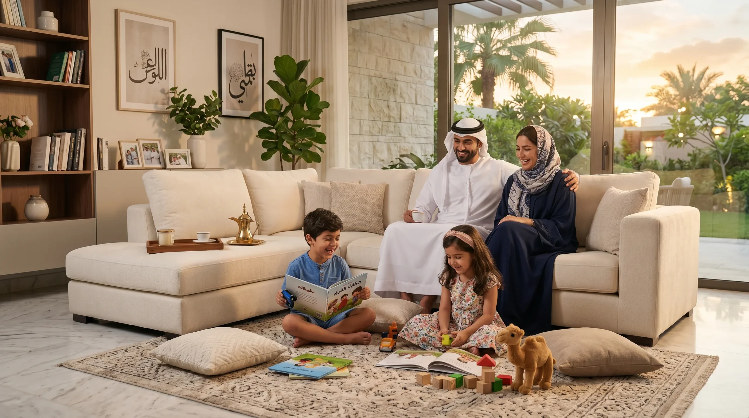 Happy UAE family enjoying new furniture in Dubai home  Karnak Home