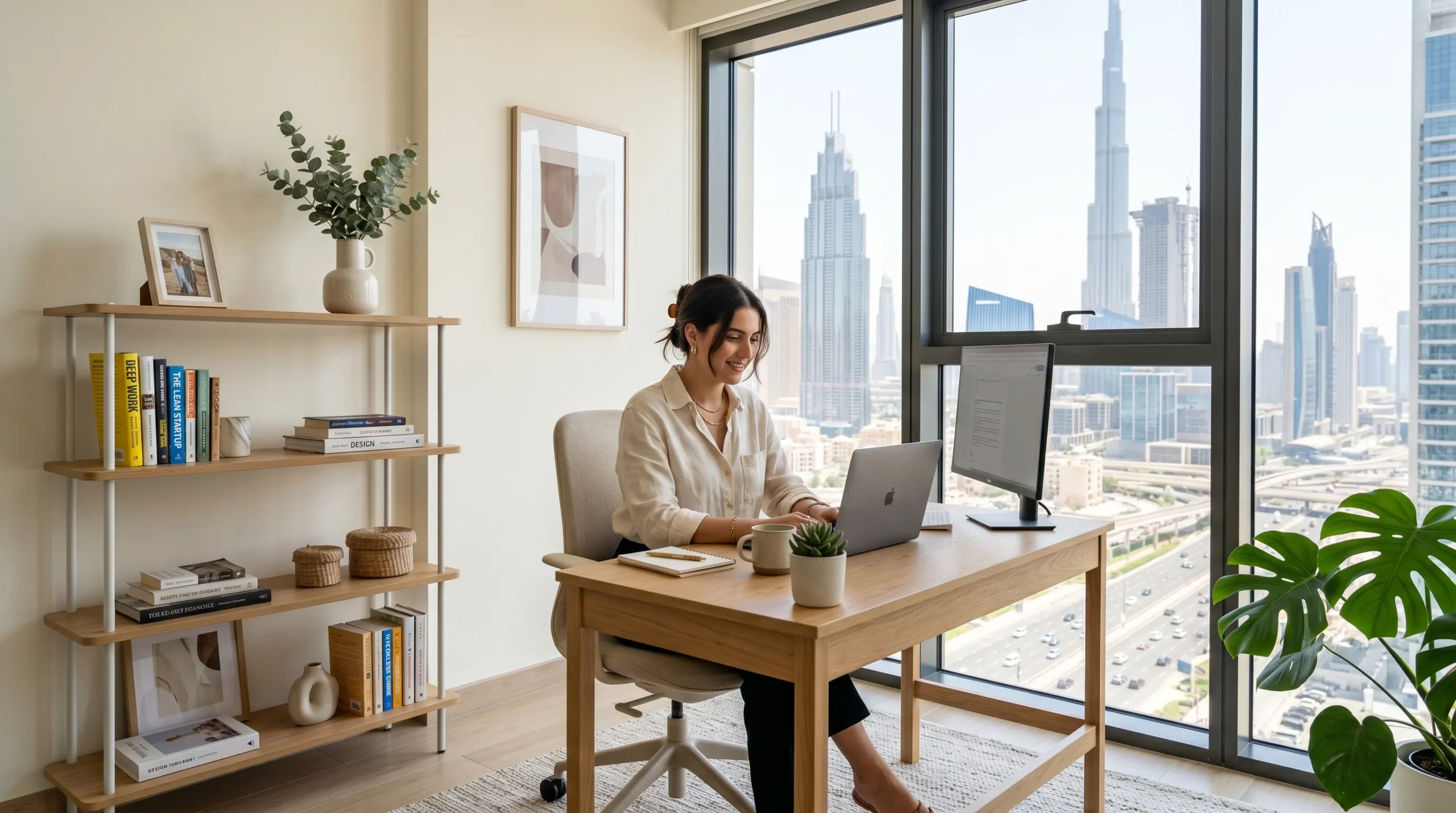 Home office corner layout in a UAE apartment with desk facing a window 