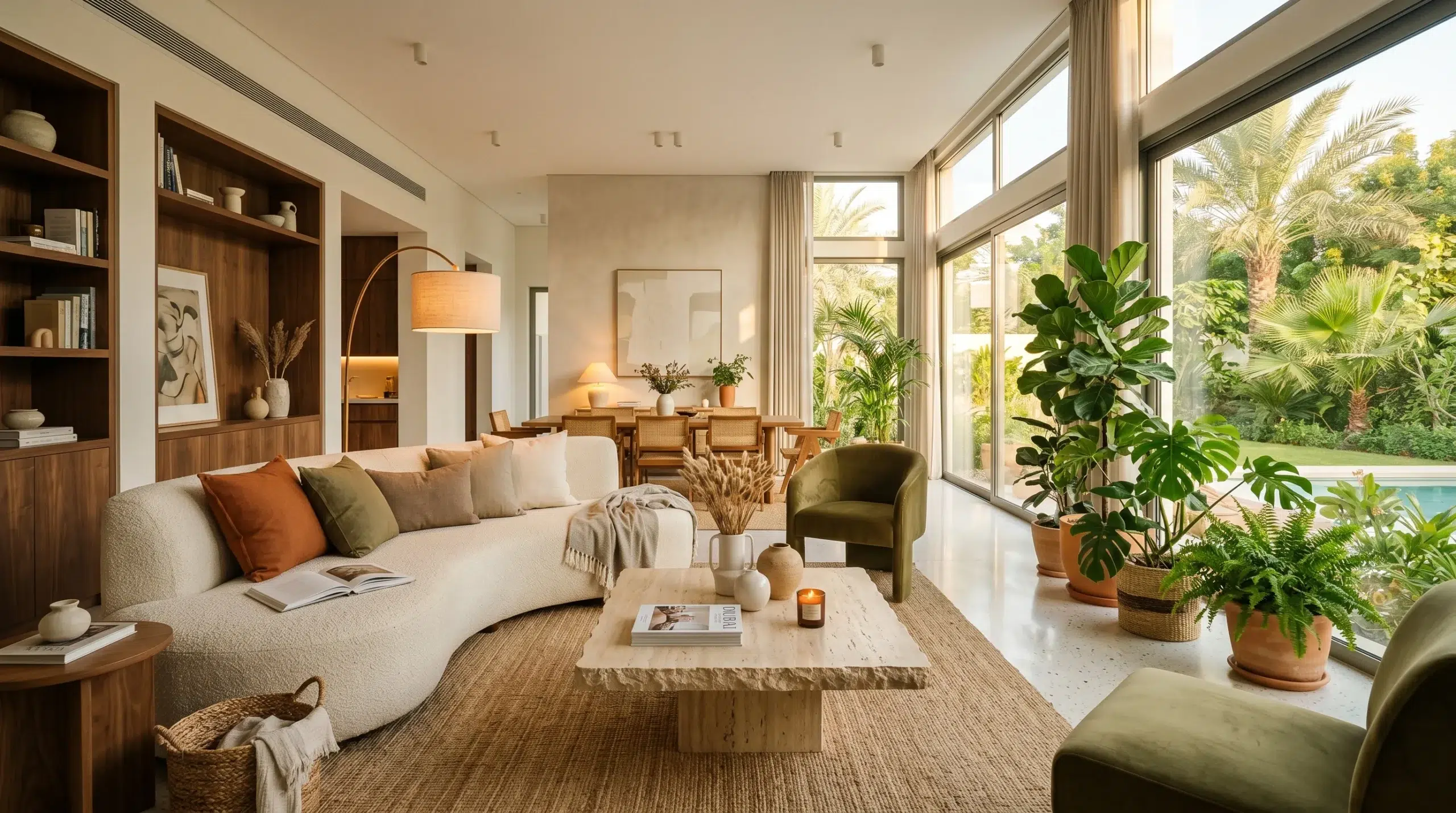 Interior design trends UAE 2026 warm earthy living room with curved sofa and natural textures in a Dubai villa