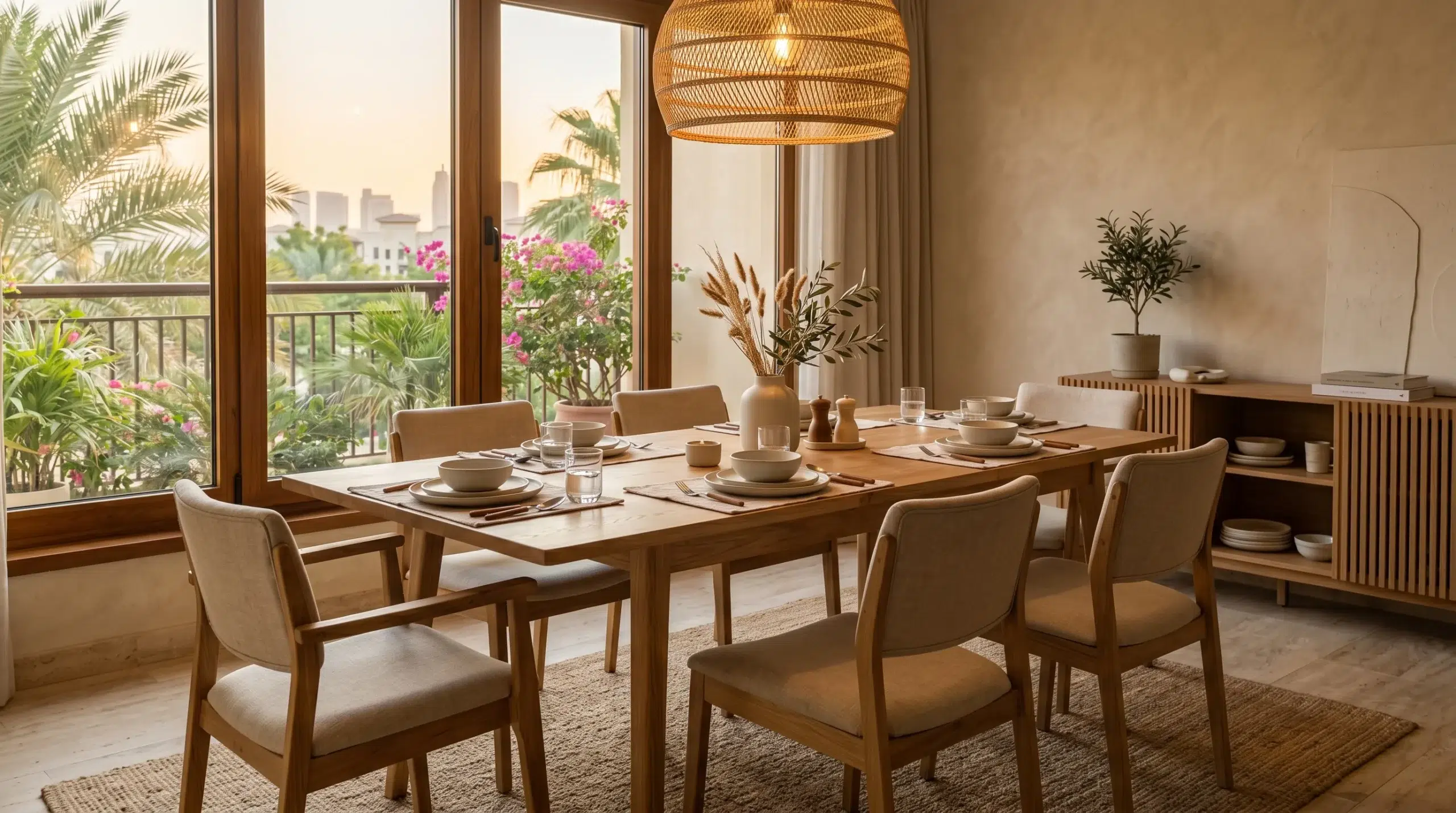 Japandi style dining room in UAE villa 2026 — solid oak table with linen chairs and warm lighting