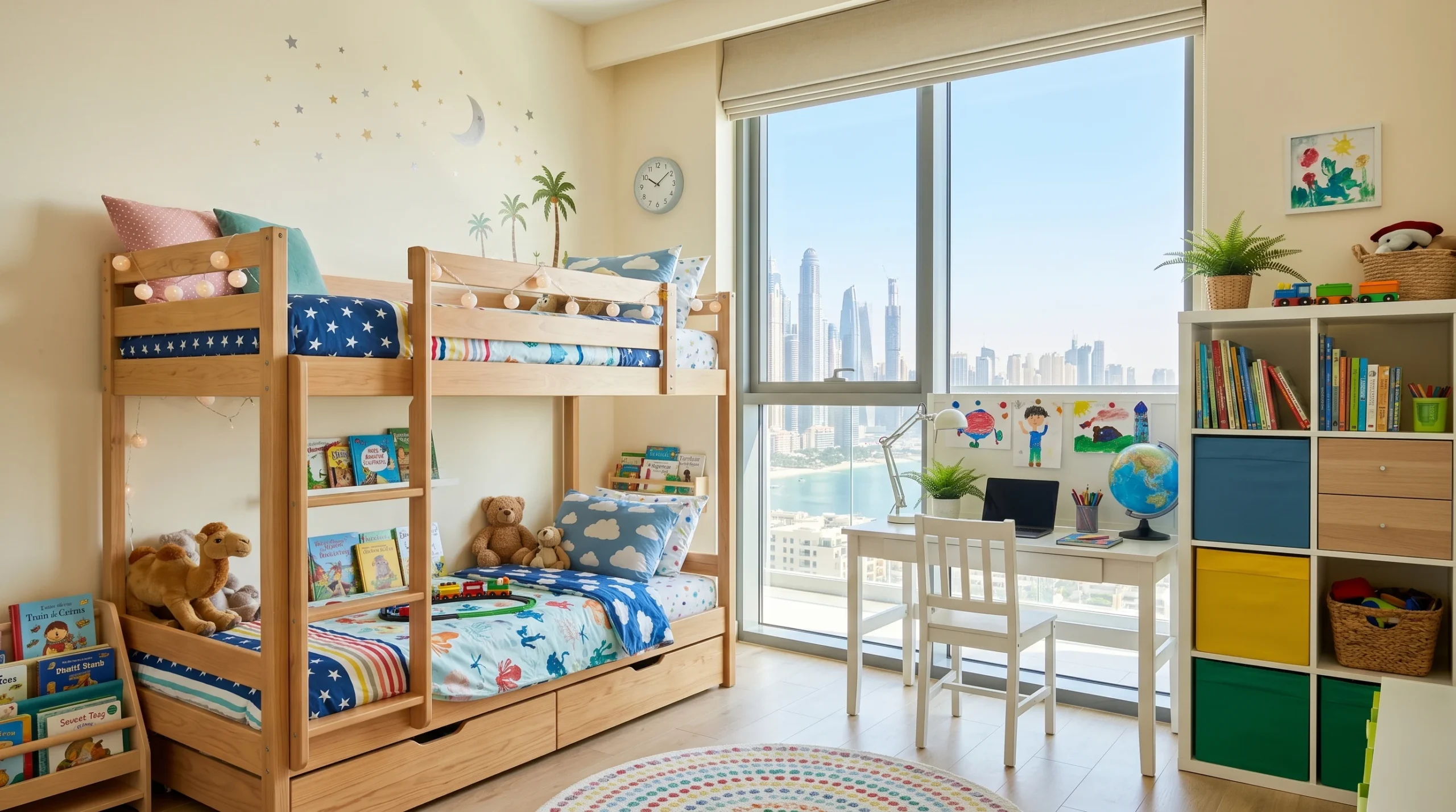 Kids bedroom furniture in Dubai apartment with bunk bed and study desk