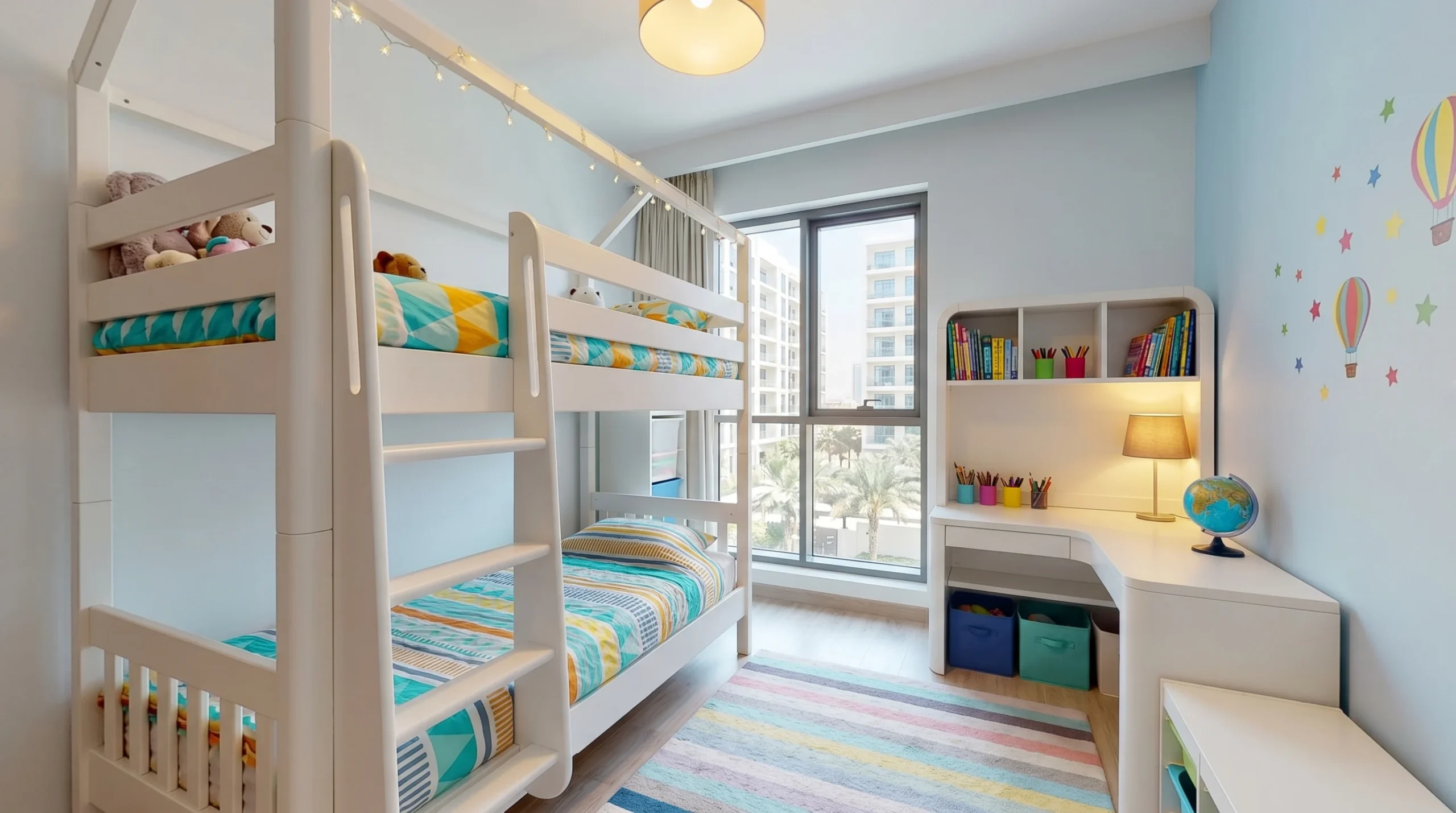 Kids bedroom furniture Dubai apartment – bunk bed with study desk and shelving in white wood
