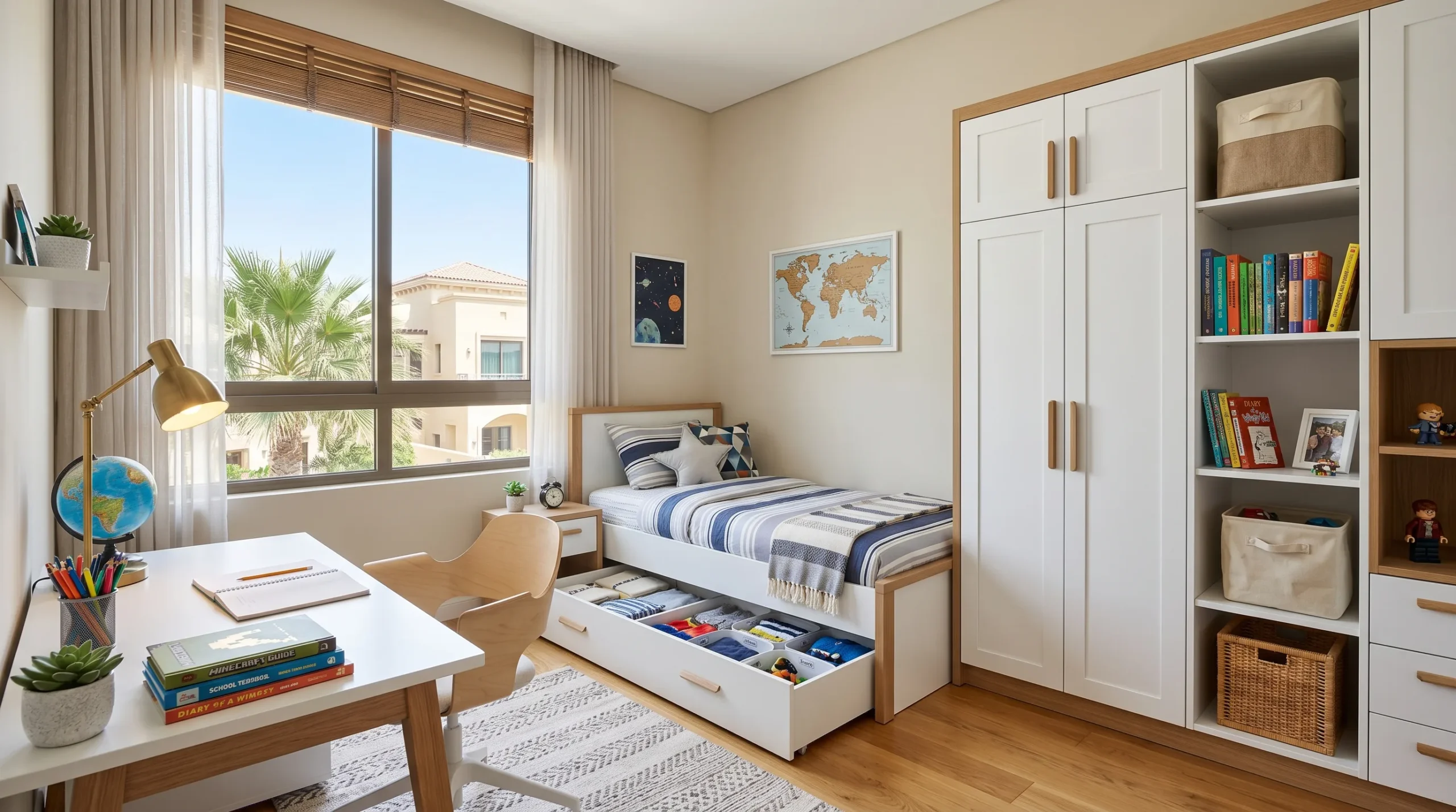 Complete kids bedroom furniture setup in Dubai villa with wardrobe, study desk and storage bed