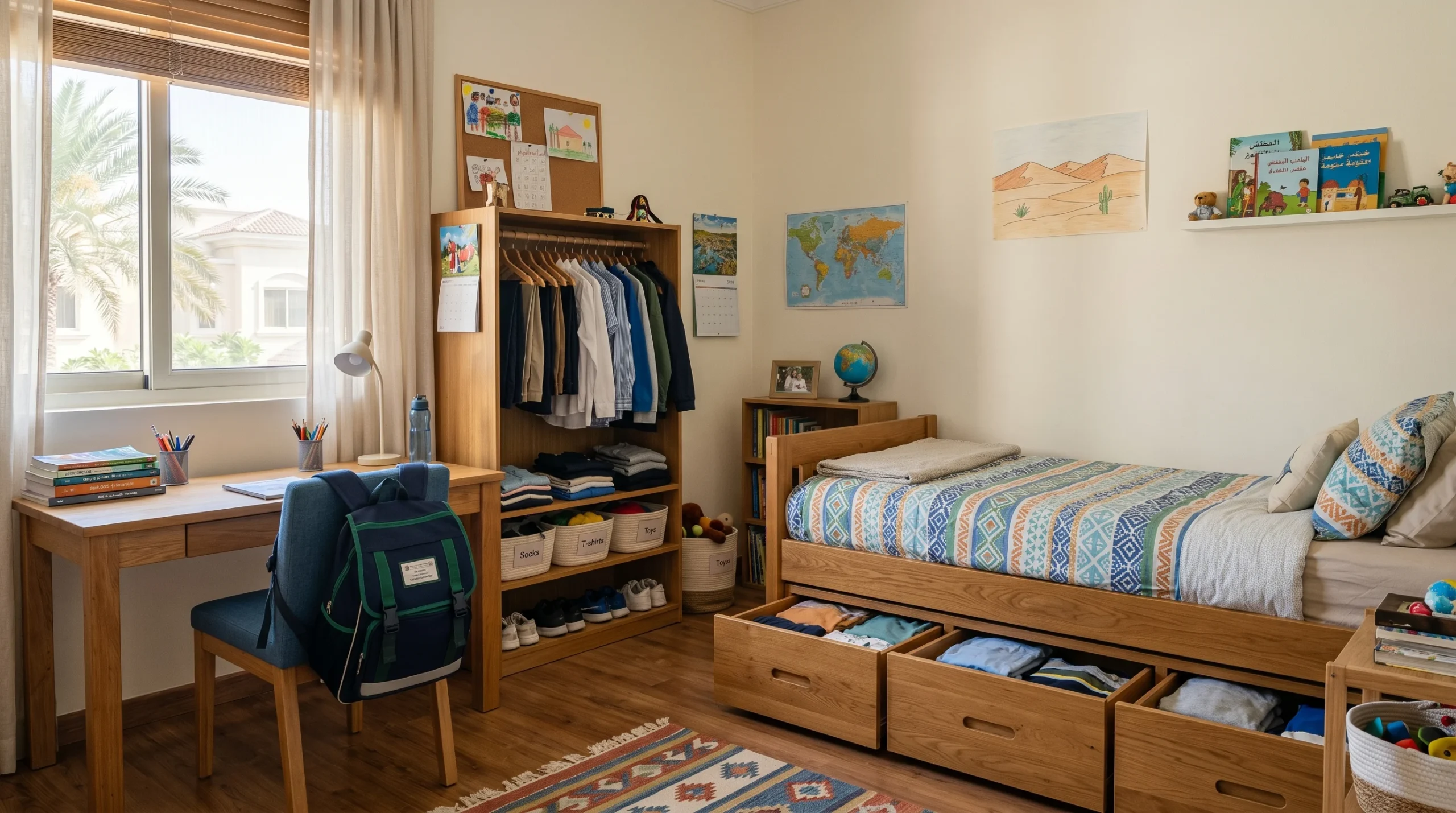 Kids bedroom furniture UAE — solid wood bed with storage in a Dubai family home children's room