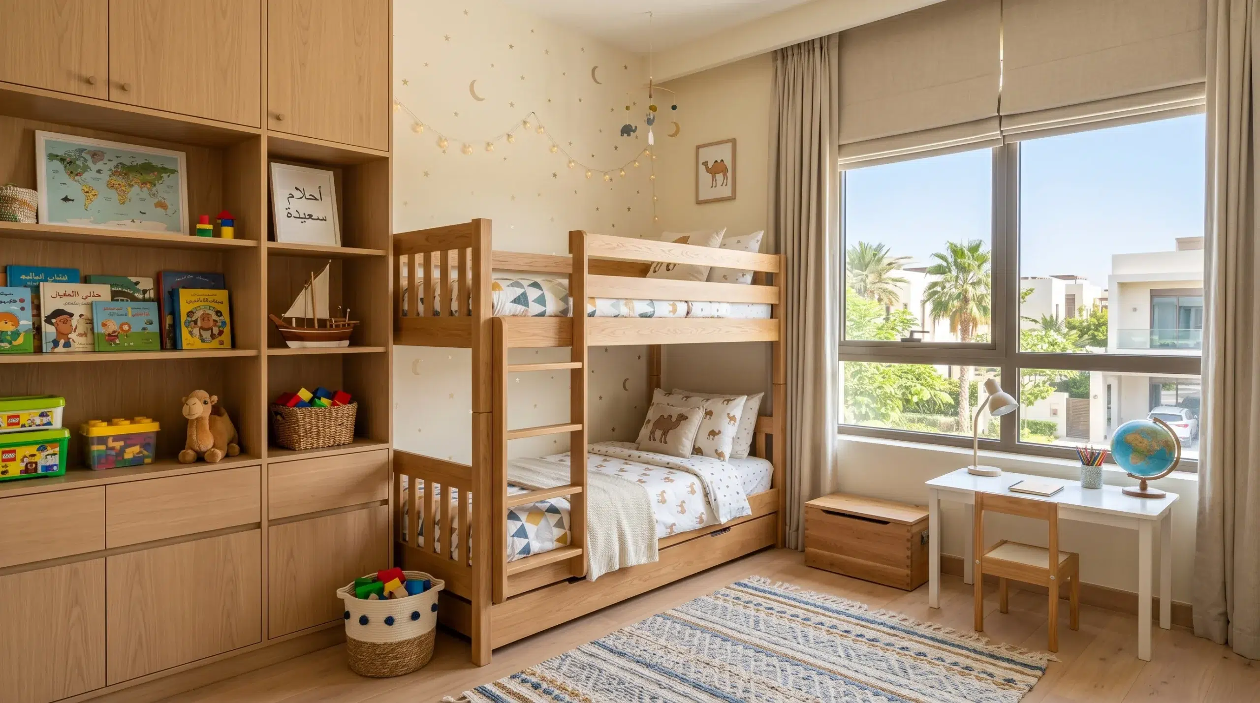 Kids furniture trends UAE 2026 solid wood bunk bed with integrated storage in Dubai children's bedroom