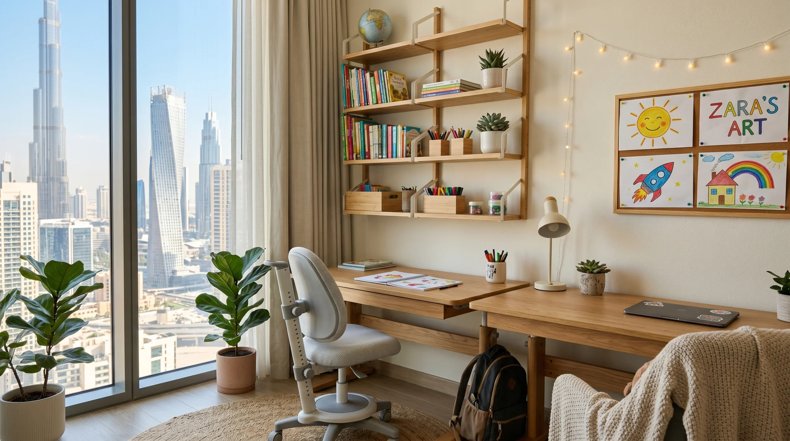 Kids study desk and storage setup in a Dubai apartment bedroom