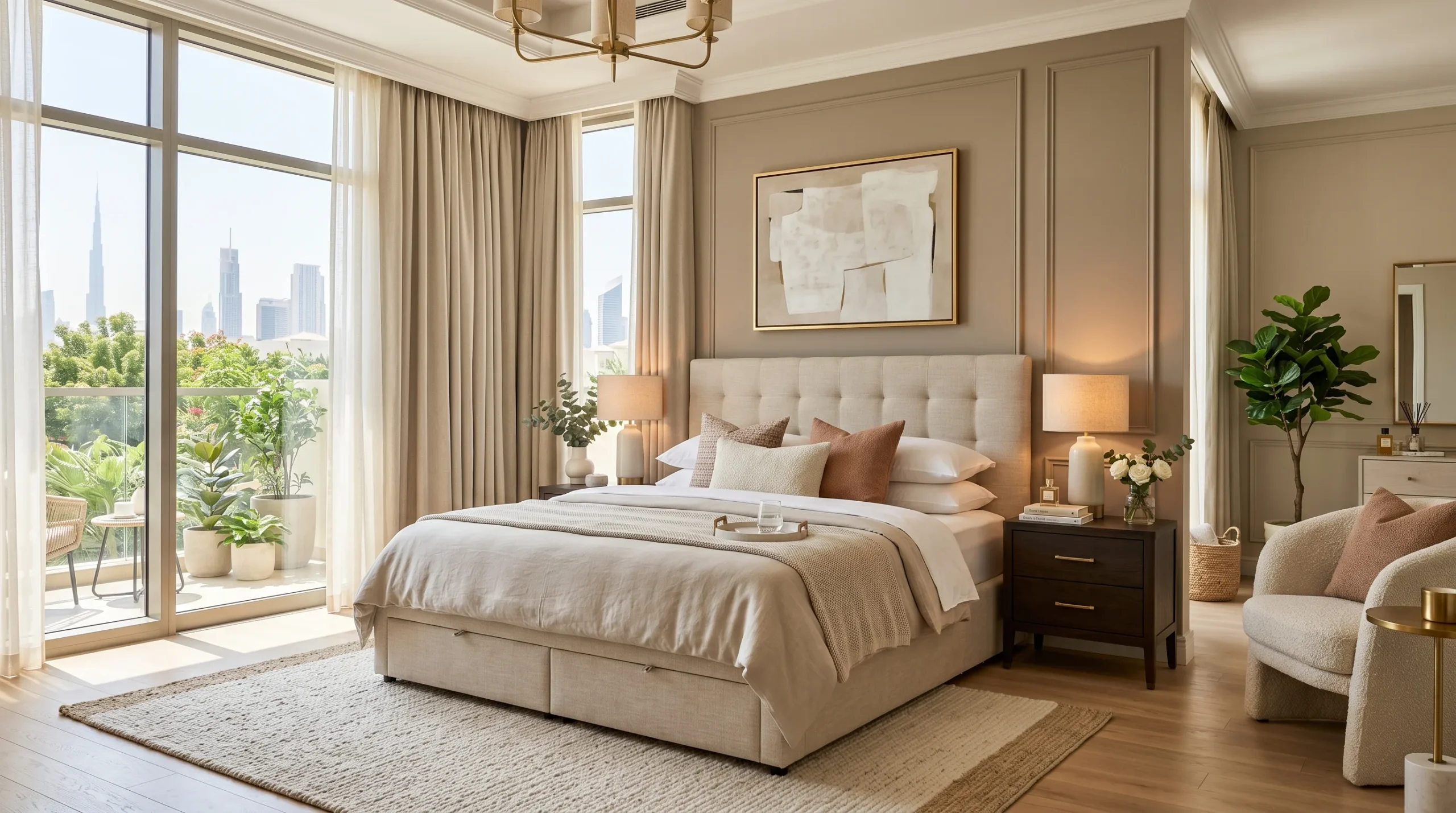 King-size hydraulic storage bed in Dubai villa master bedroom  upholstered linen, neutral tones