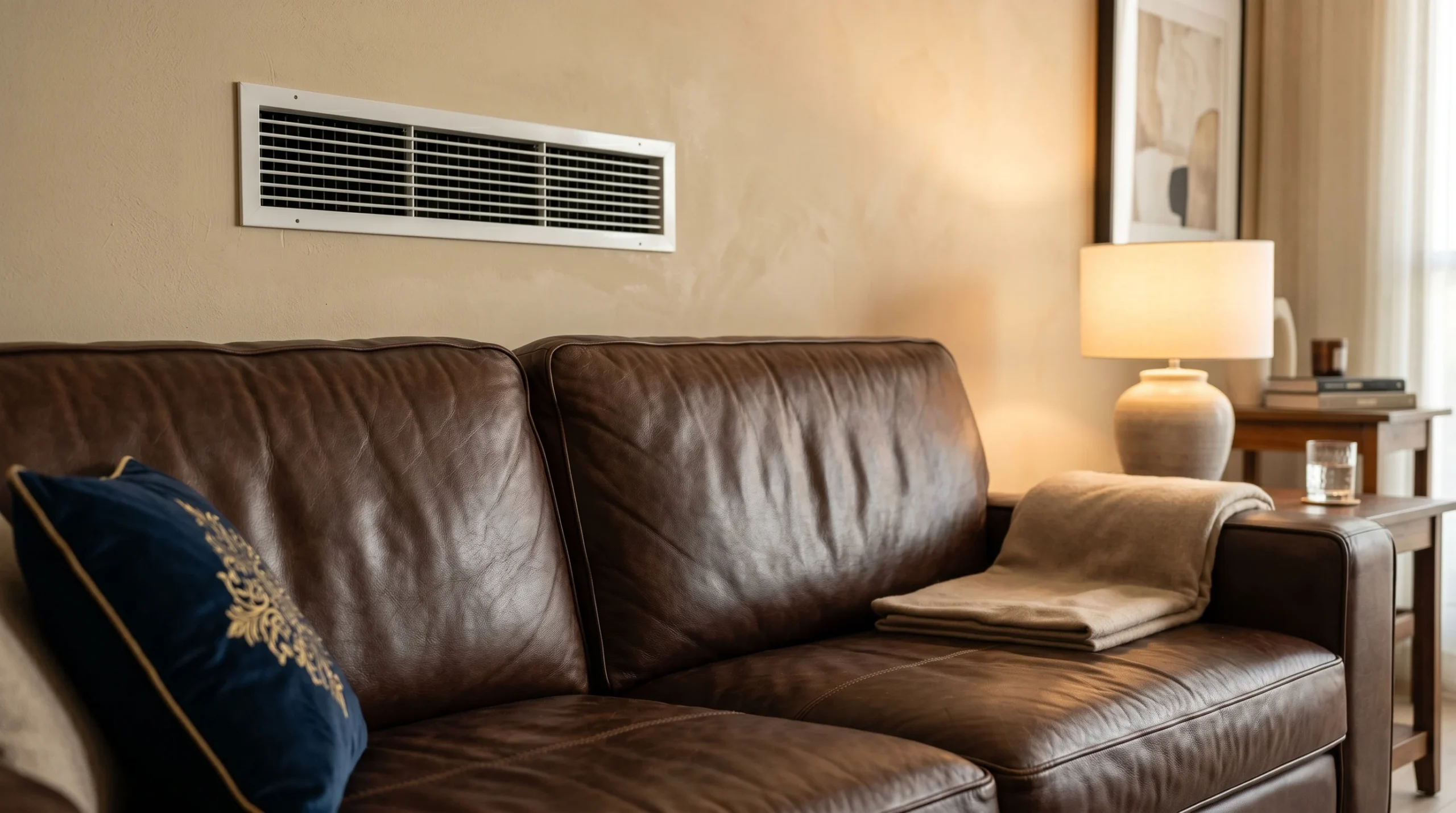 Leather sofa positioned near AC vent in Dubai apartment showing humidity and AC effects on upholstery