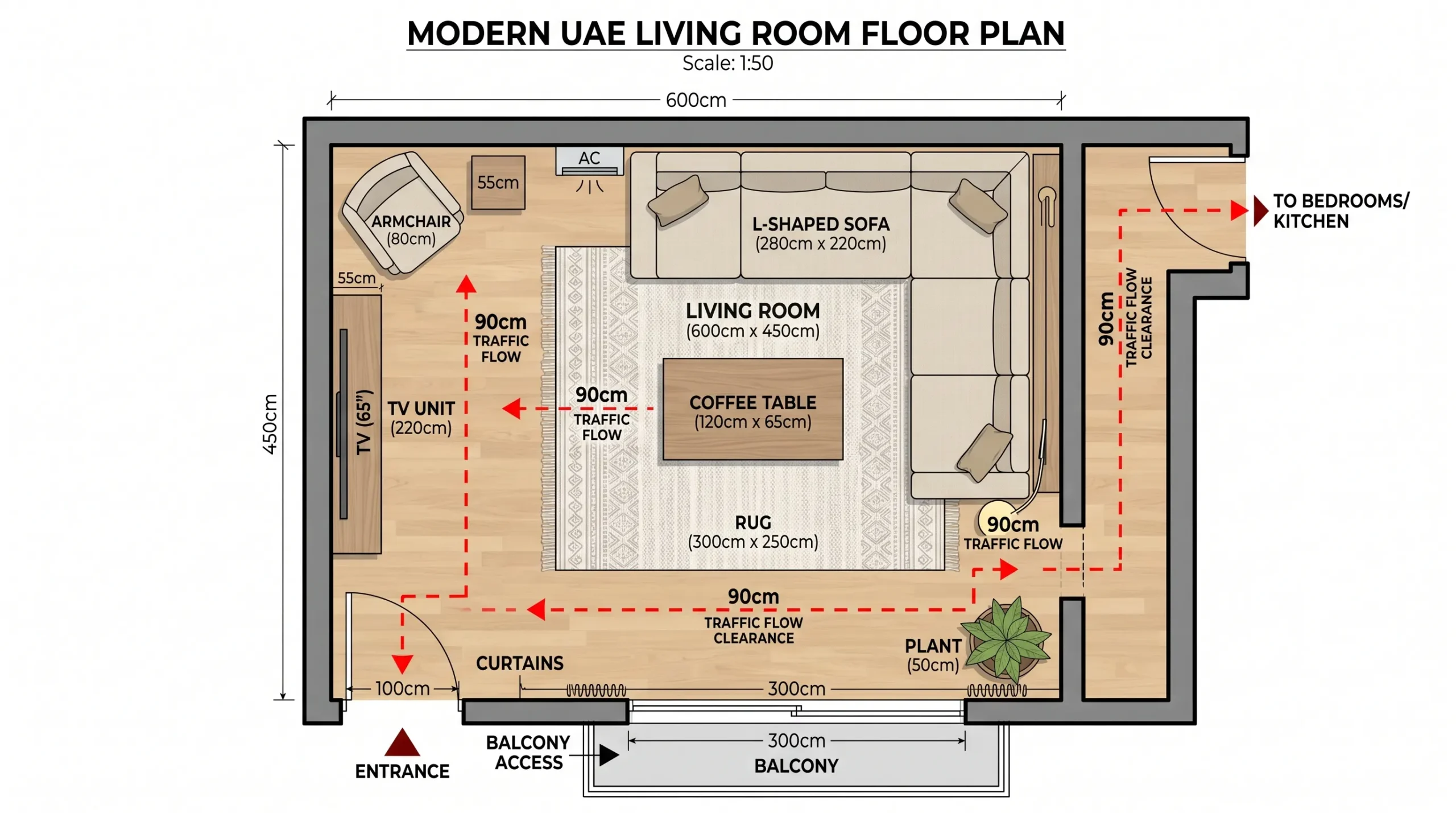  Living room furniture layout plan for a UAE apartment showing sofa, coffee table, and TV unit placement 