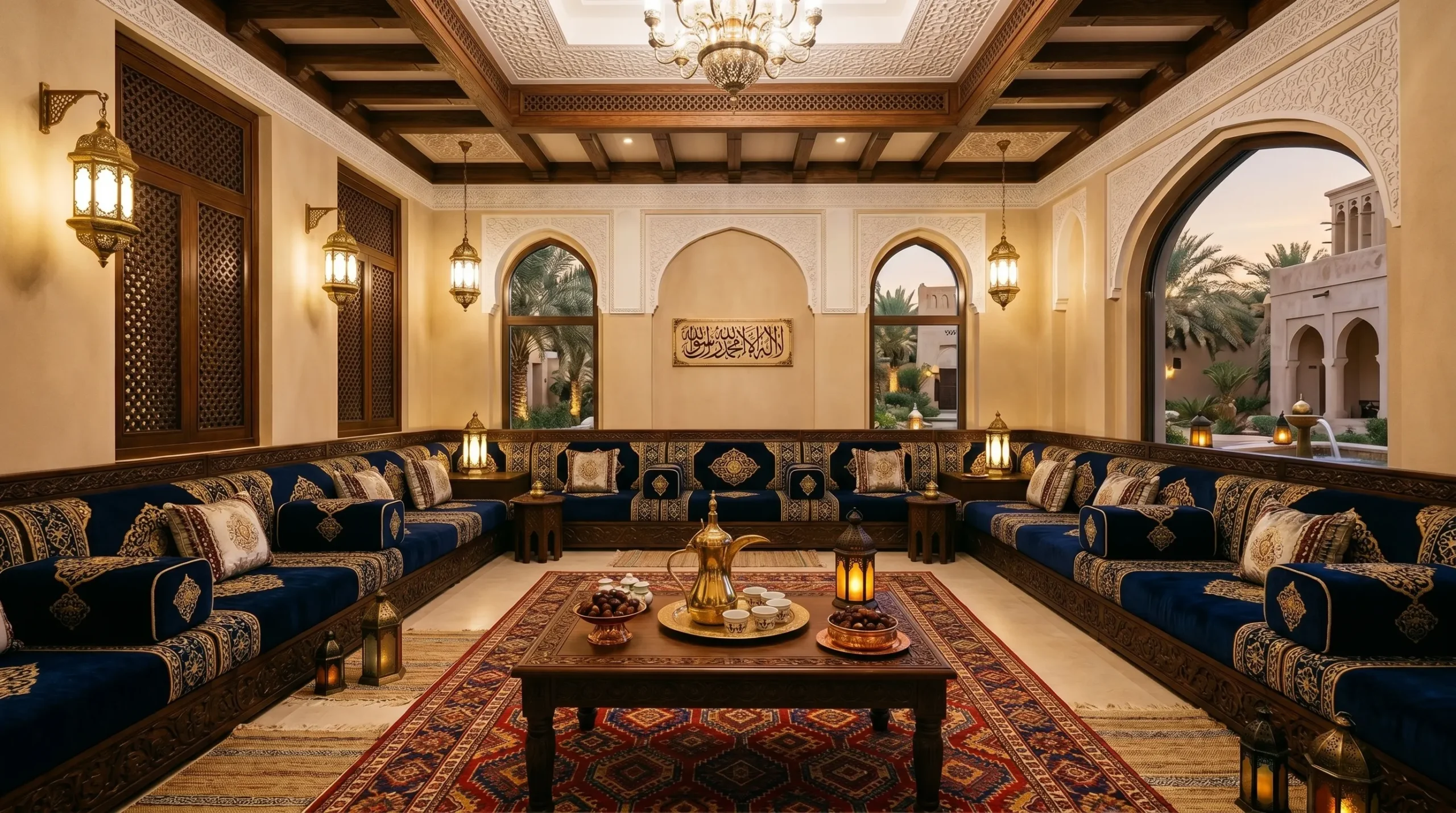 Majlis room furniture UAE  traditional Arabic wall seating with gold accents in a Dubai villa