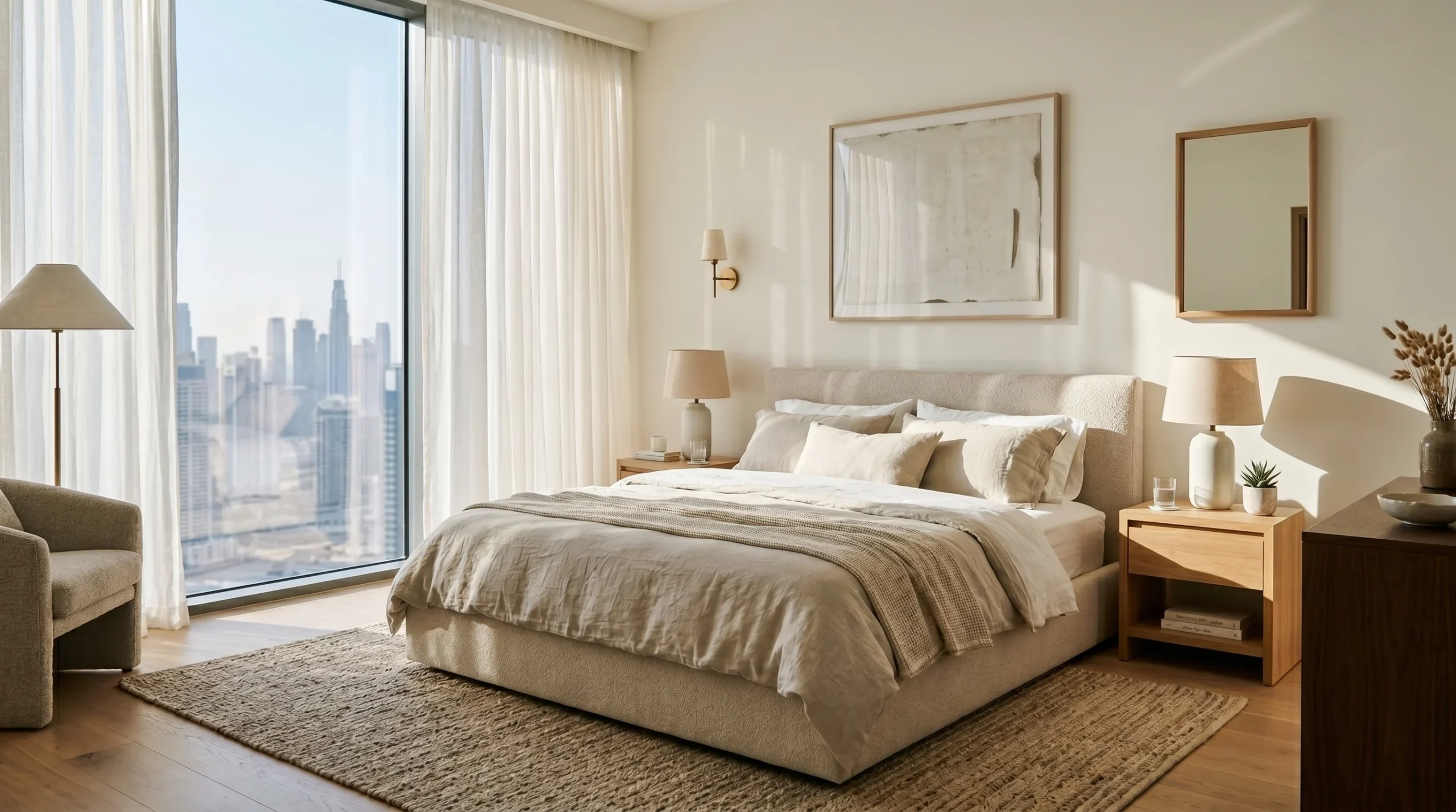Master bedroom furniture setup in Dubai apartment with upholstered bed and bedside tables