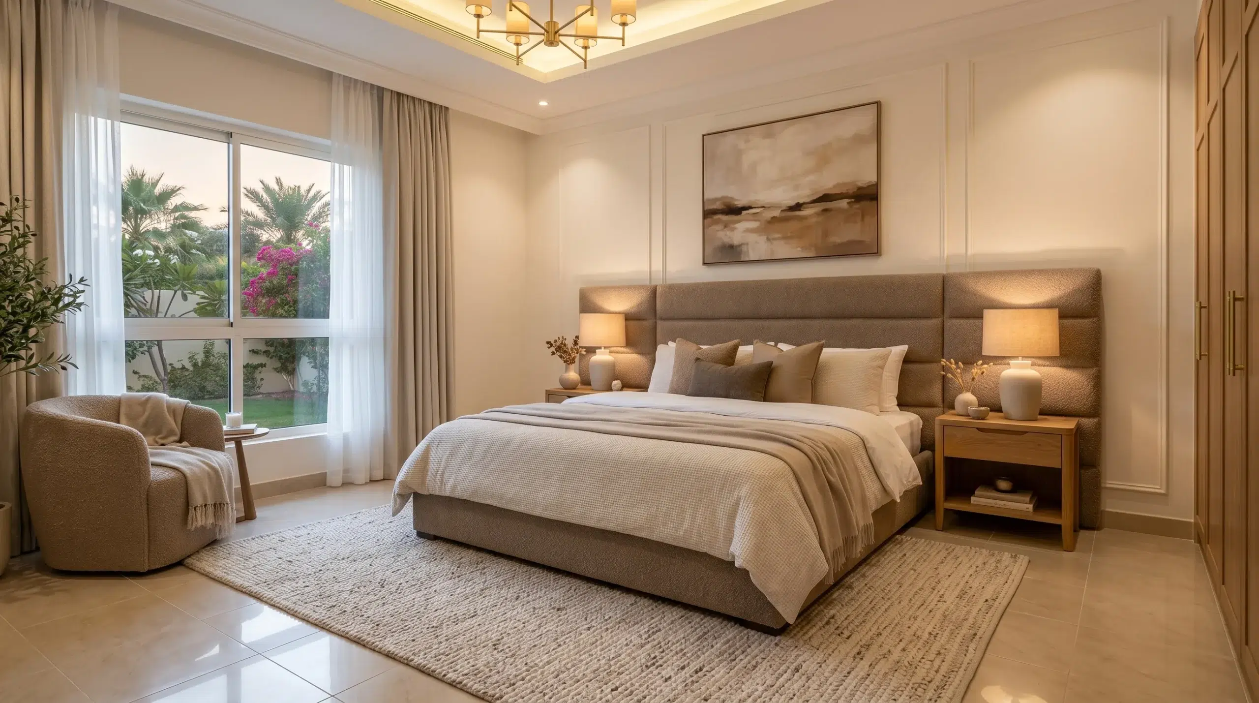 Mirdif villa master bedroom transformation with Karnak Home upholstered super king bed and matching oak bedside tables