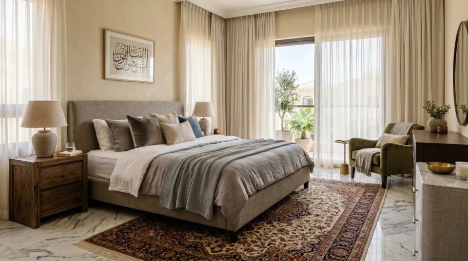 Mixed furniture styles in UAE master bedroom — upholstered bed with wooden accents and traditional rug
