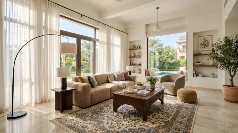 Mix furniture styles UAE home — modern sofa with traditional Arabic coffee table in Dubai villa living room