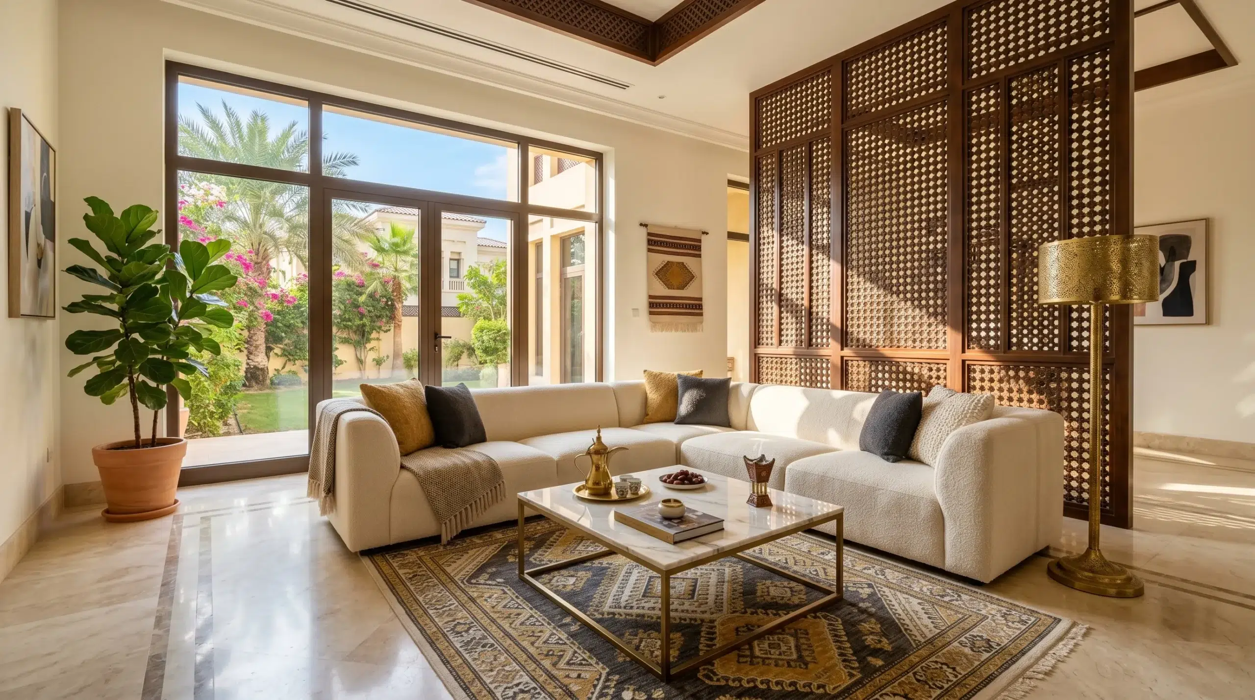 Modern Arabic interior design UAE contemporary living room blending traditional Gulf elements with modern furniture