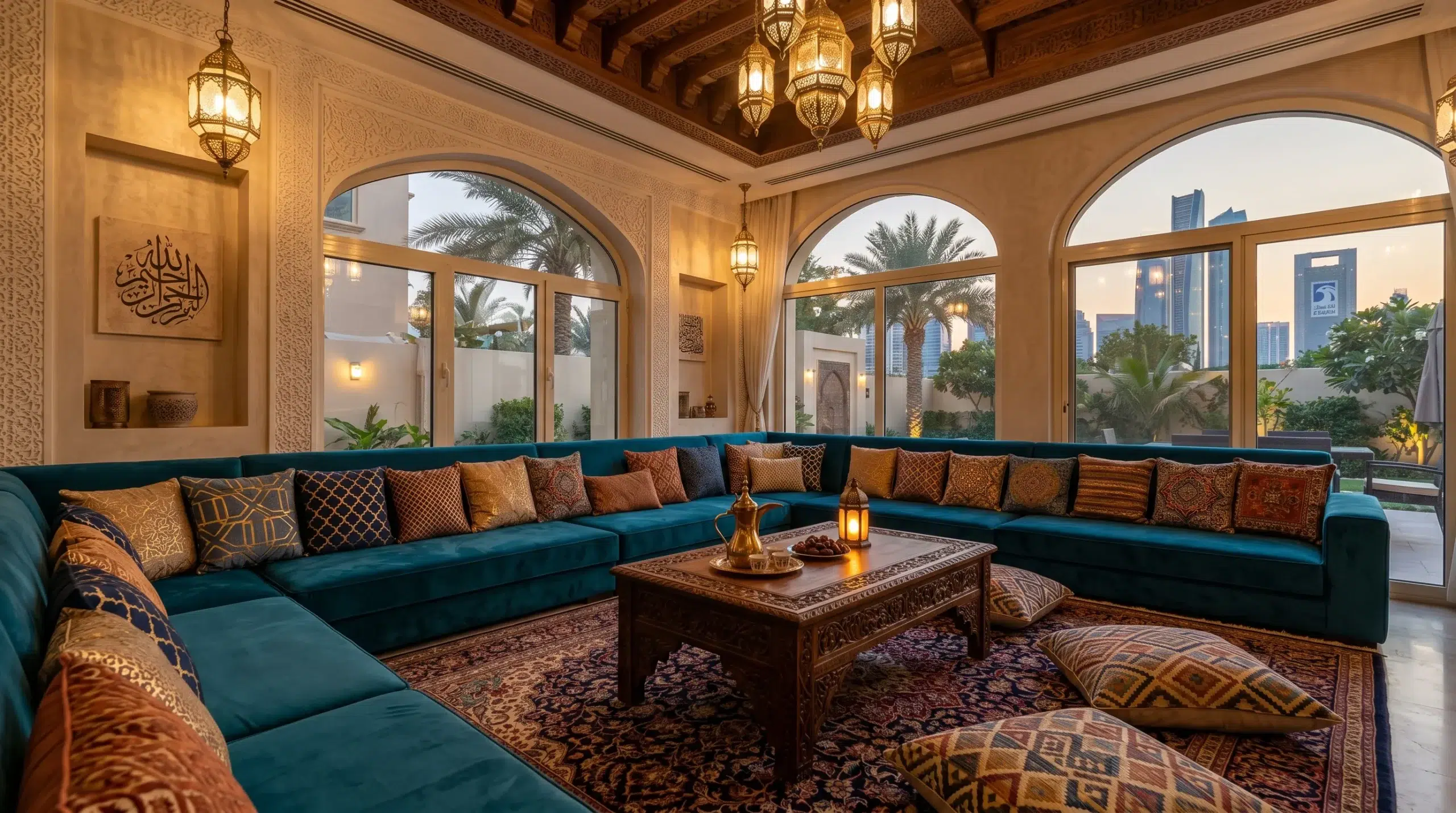 Modern majlis design UAE villa — contemporary Arabic seating room with teal sofa and traditional accents