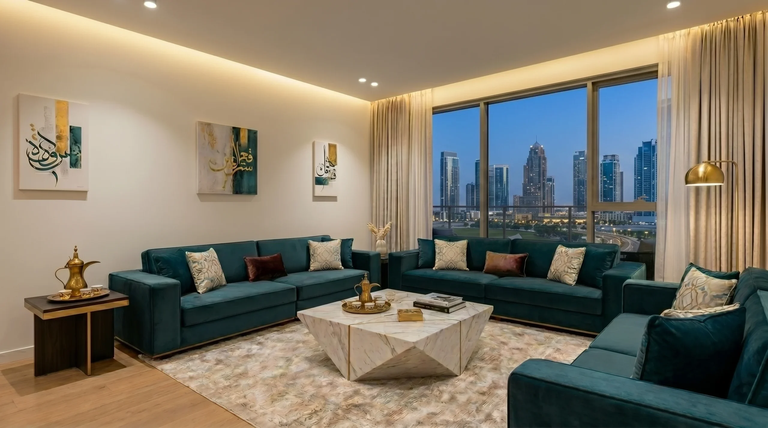 Modern majlis sofa set in Dubai apartment with teal velvet upholstery and marble coffee table