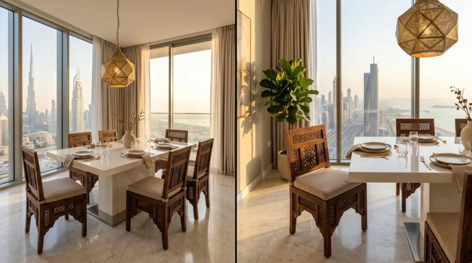 Modern dining table with traditional wooden chairs in UAE apartment — mixing furniture styles effectively
