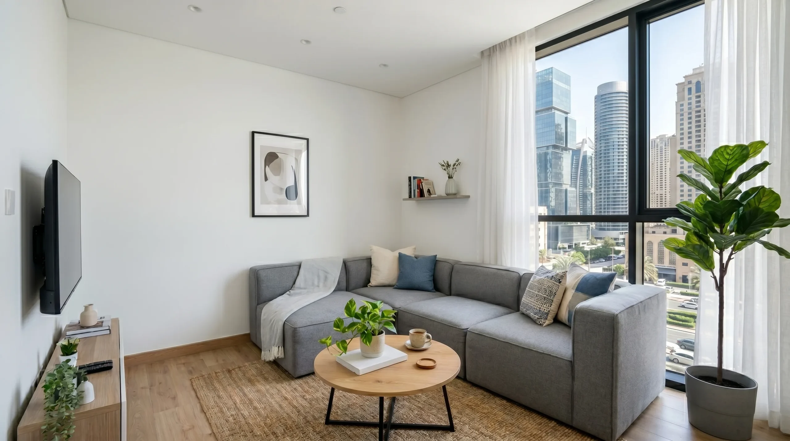Compact modular sofa in L-shape configuration for small Dubai apartment living room