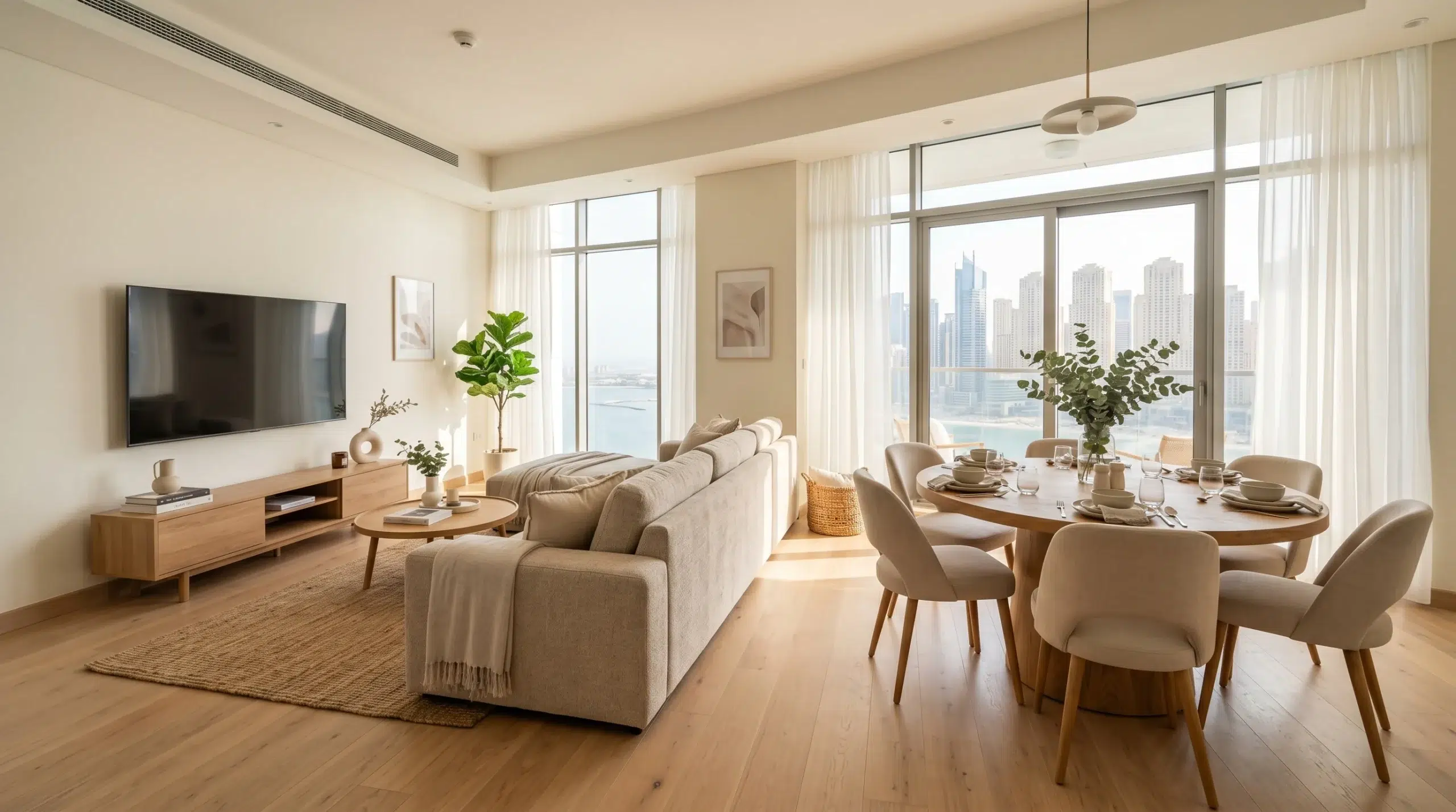 Open plan furniture arrangement UAE — modern living and dining room in Dubai apartment with sofa, dining table, and floor-to-ceiling windows