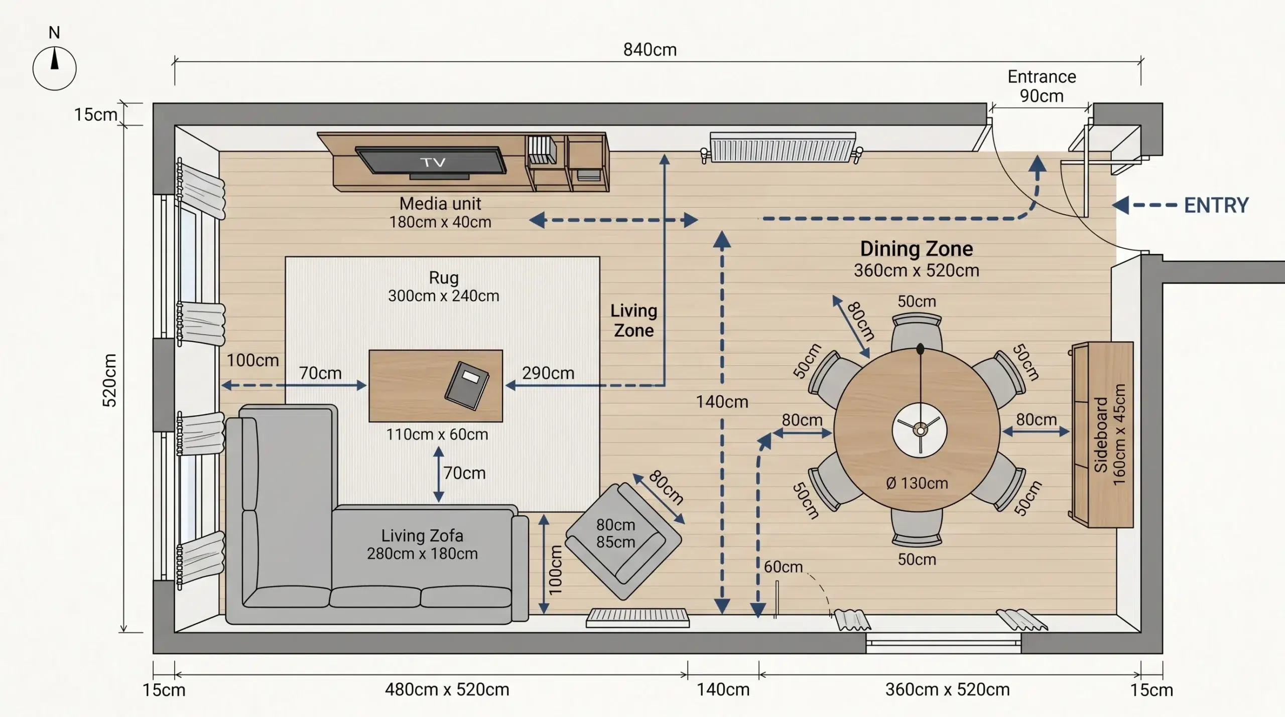 Open plan living and dining zone layout diagram showing furniture placement, clearance measurements, and traffic flow for UAE apartment