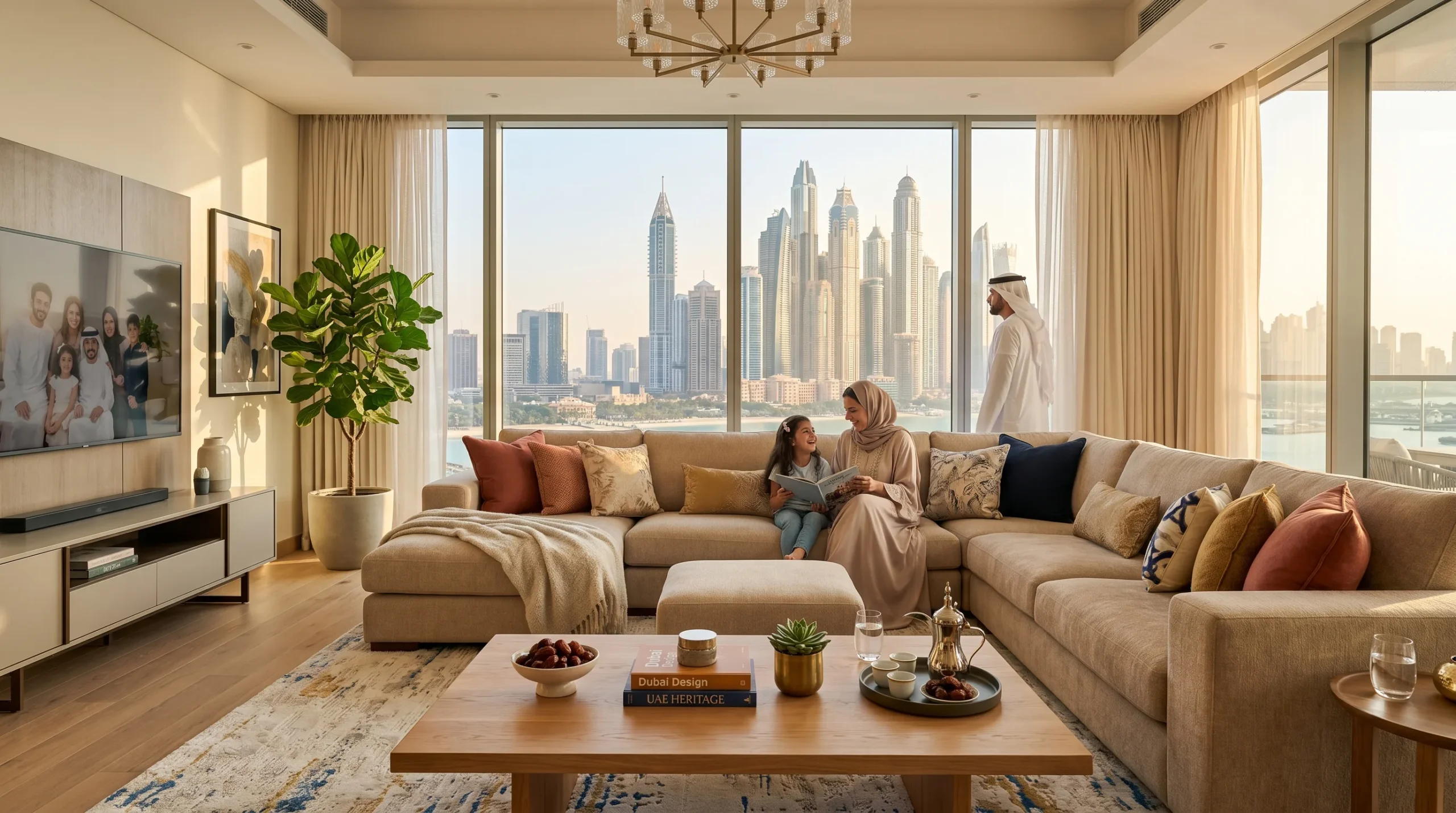 Protect furniture from Dubai humidity and AC UAE family living room with sofa and wooden furniture
