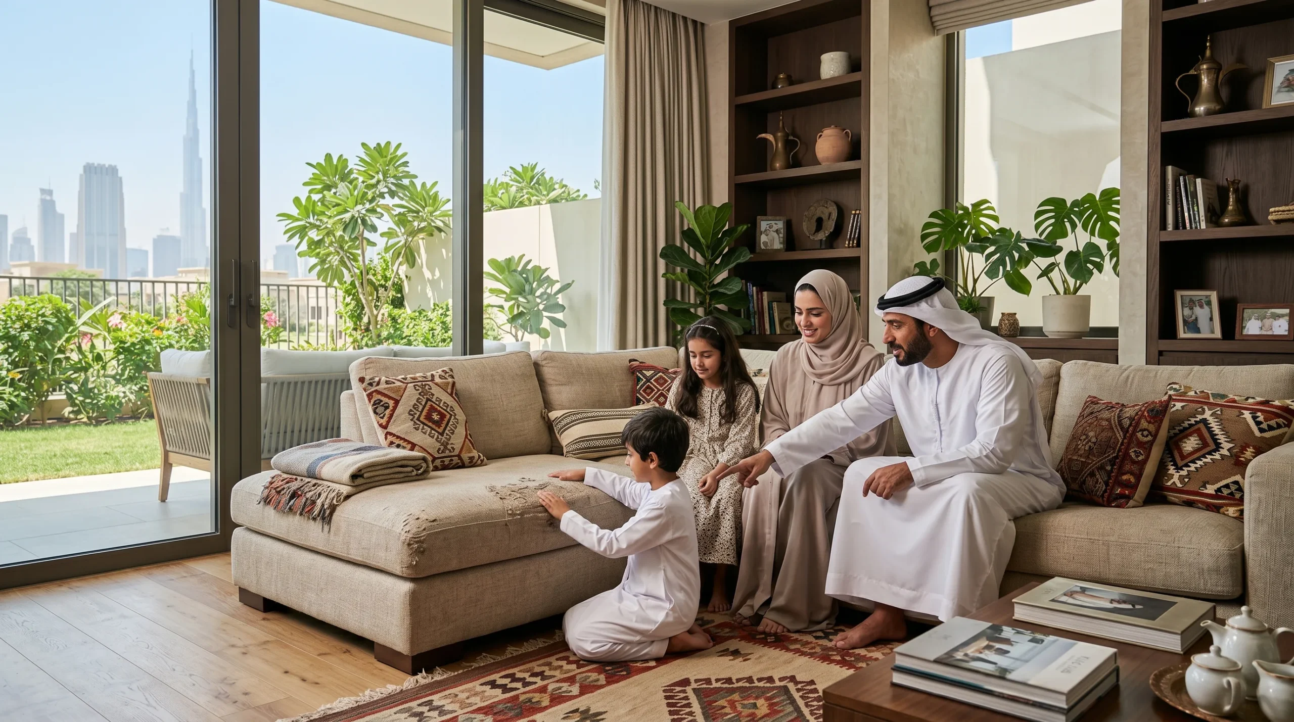 UAE family deciding whether to repair or replace furniture in Dubai living room