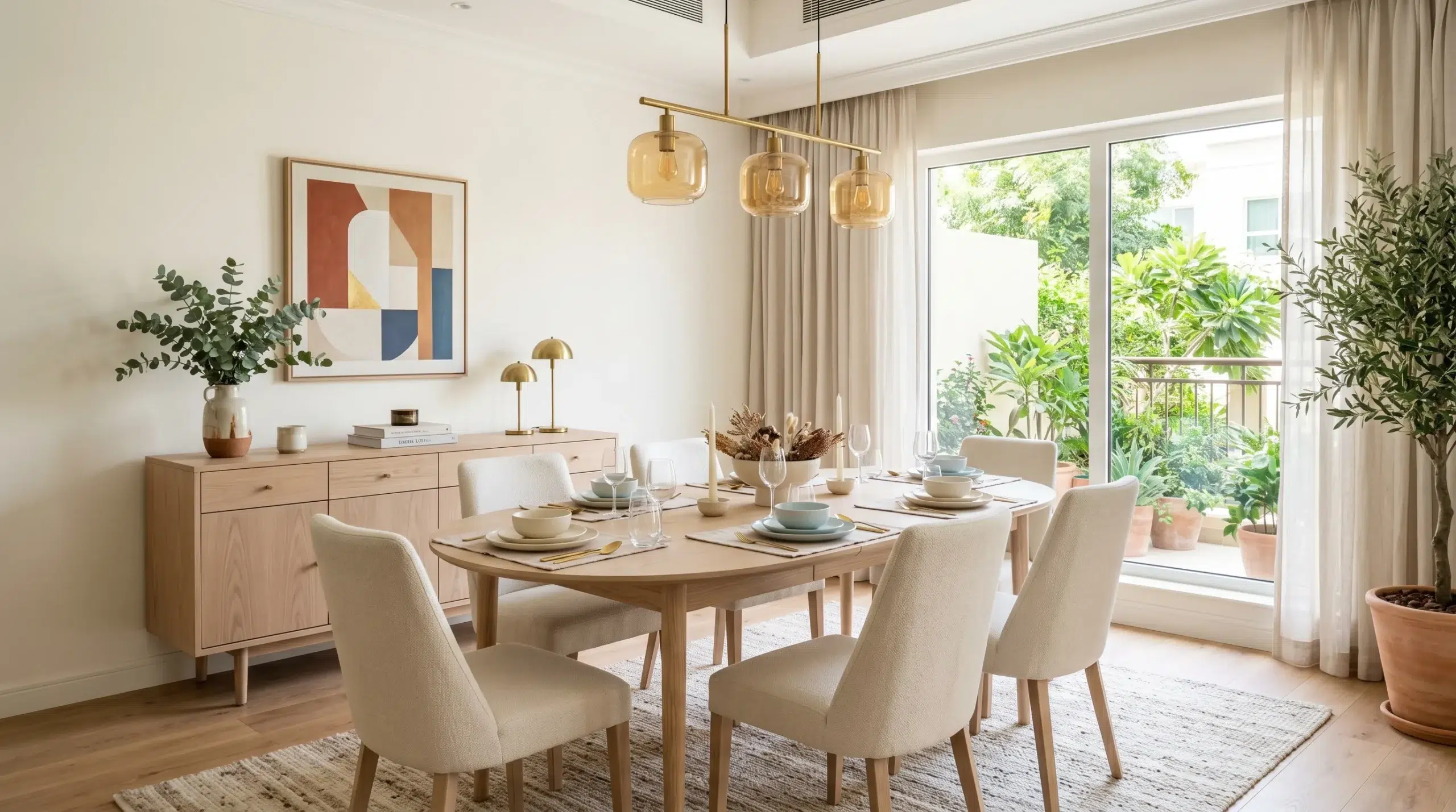 Sharjah townhouse dining room makeover with Karnak Home extending oval ash wood dining table and upholstered chairs