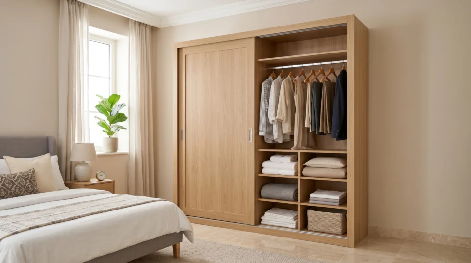 Two-door sliding wardrobe in light oak finish for a UAE villa guest room with open shelving and hanging rail