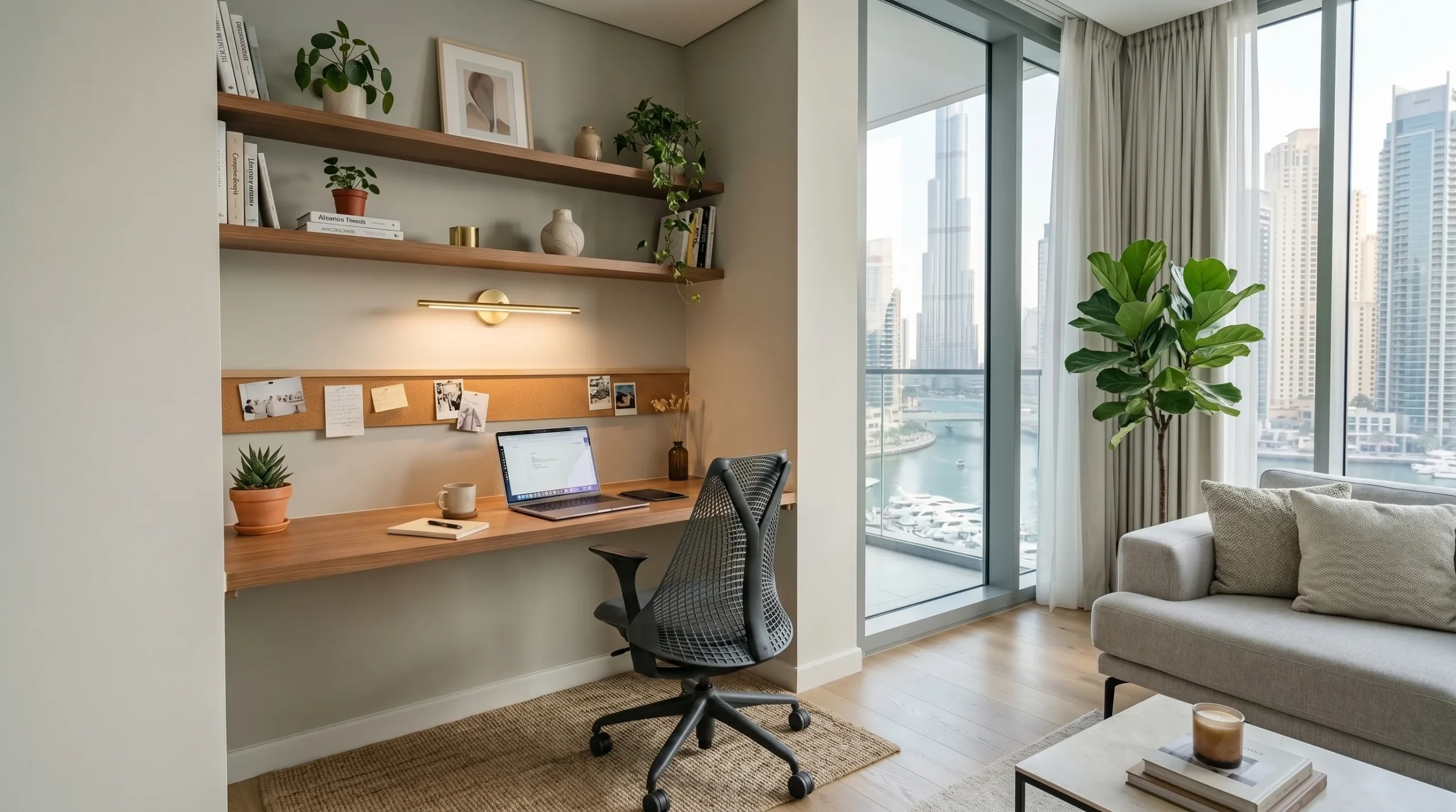 Compact home office furniture setup in a small Dubai apartment with wall-mounted shelves