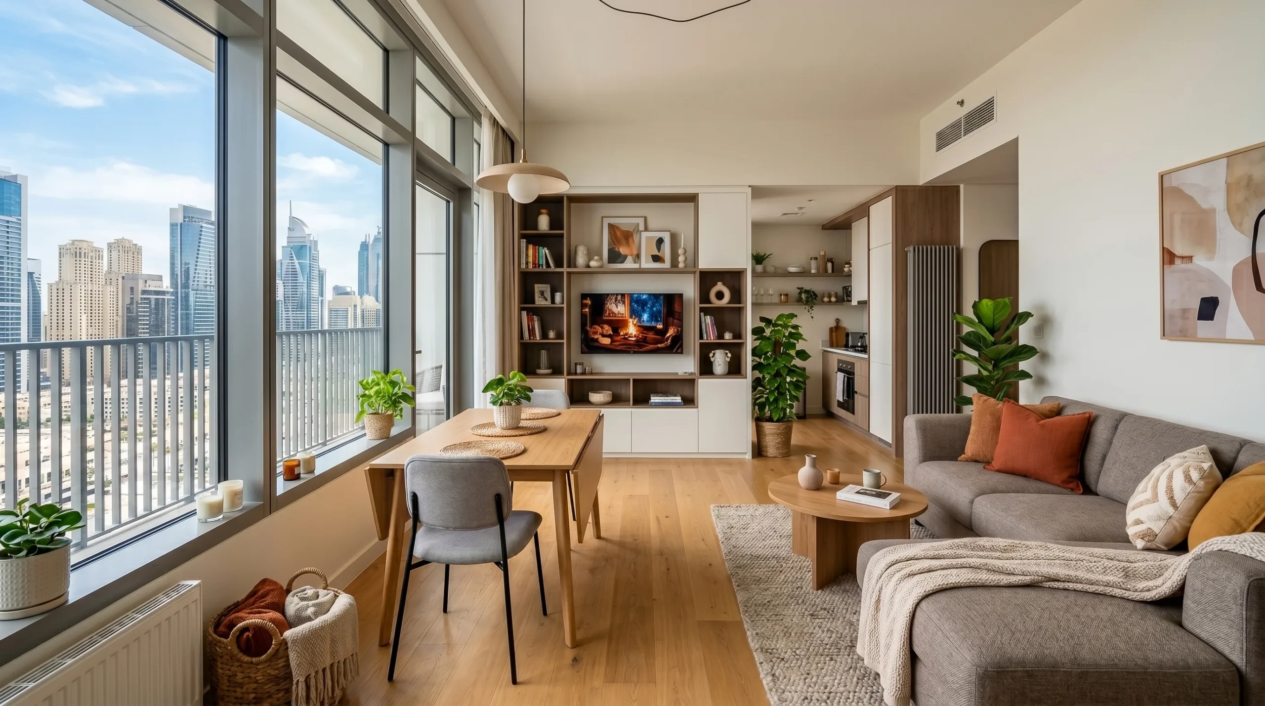 Small space furniture solutions for Dubai apartment modular sofa and extendable dining table in a modern studio