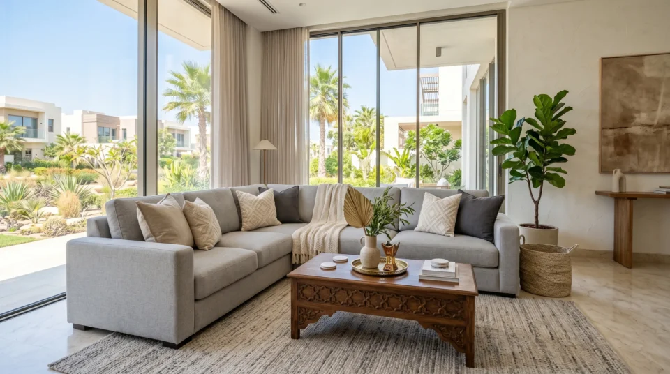 Sofa cleaning and maintenance guide for Dubai homes — clean grey sectional in modern UAE villa