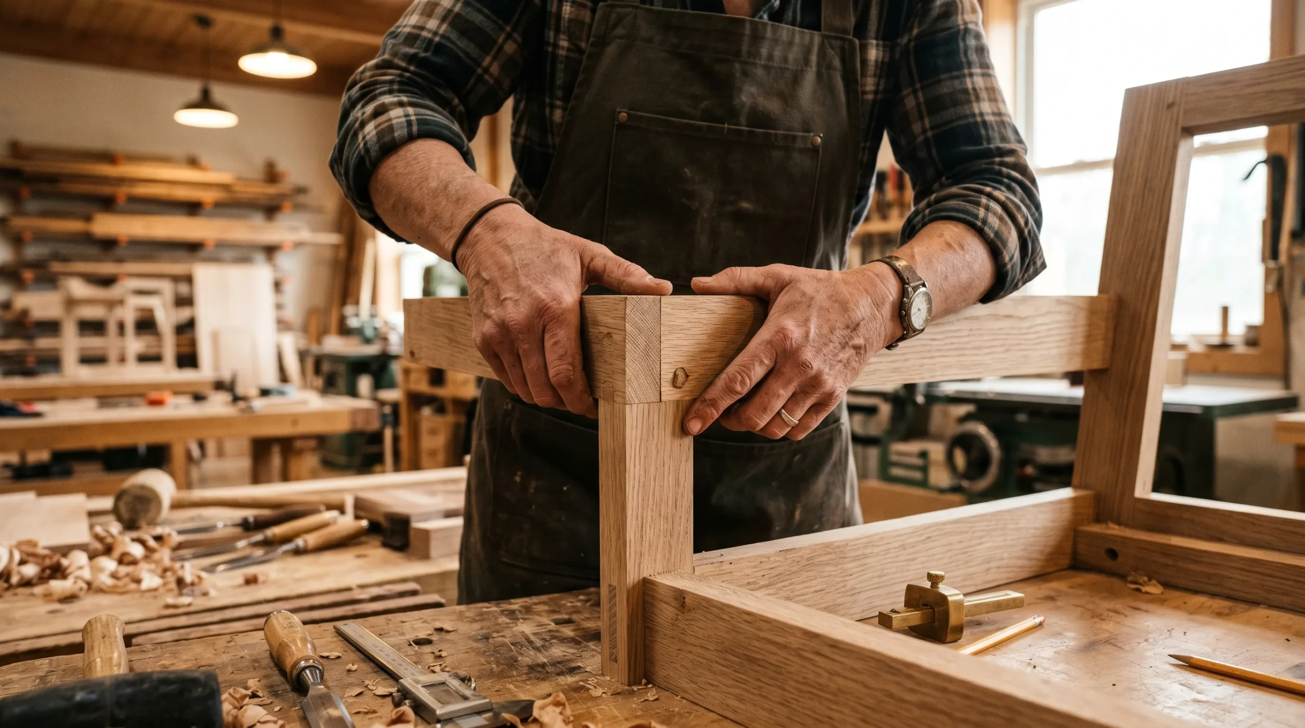Craftsperson inspecting sofa frame to decide between furniture repair and replacement 