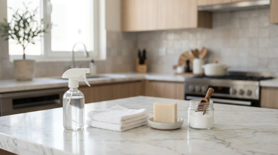 Essential sofa stain removal supplies for Dubai families — microfibre cloth, spray bottle, mild soap