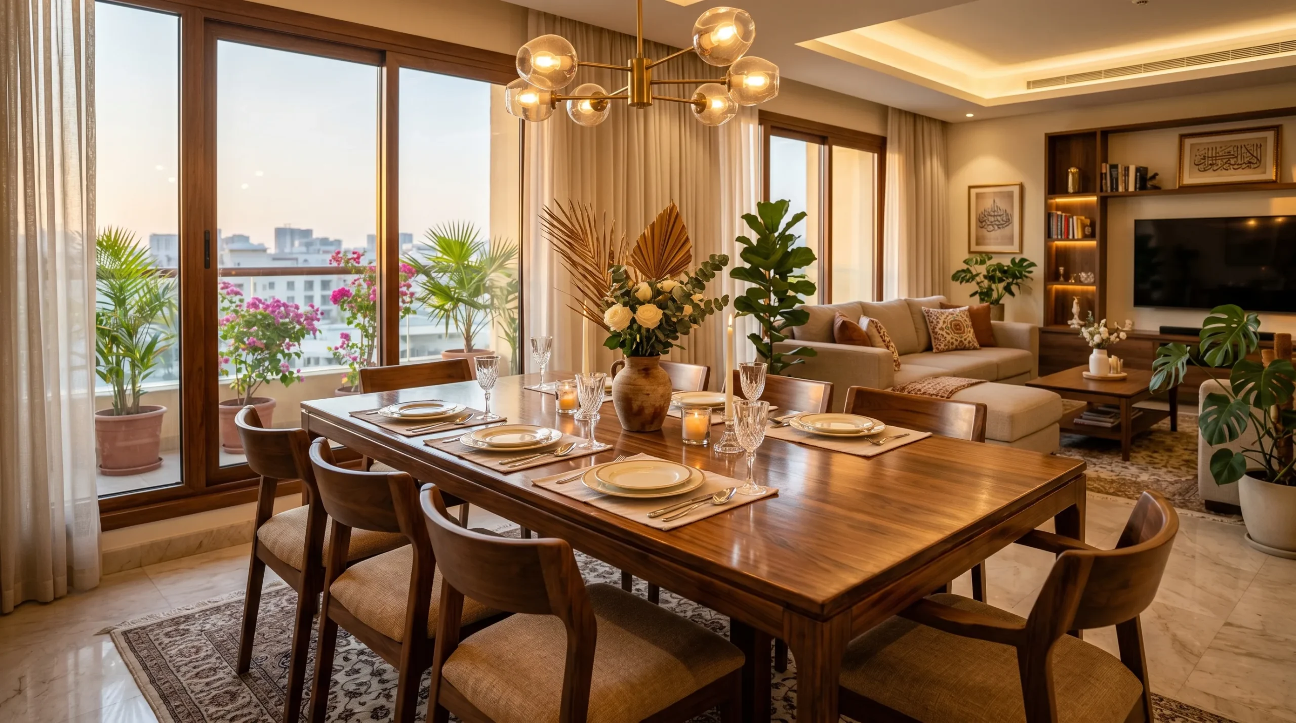 Solid wood dining table well-maintained in a Dubai home furniture care tips for UAE humidity