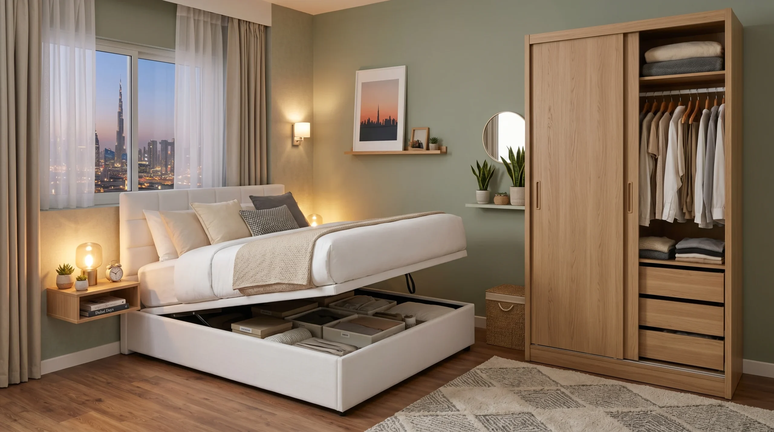 Hydraulic storage bed and sliding wardrobe in a small Dubai apartment bedroom