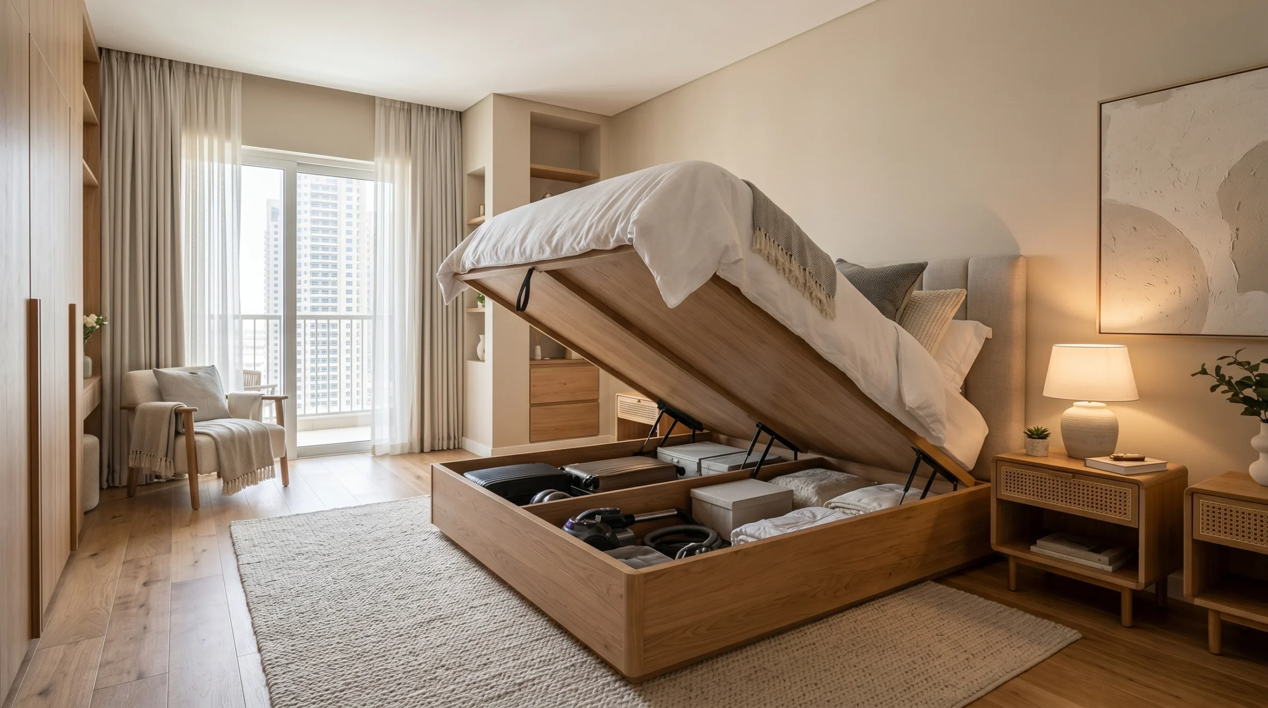 storage bed UAE bedroom furniture  organised hinged base bed in Dubai home bedroom 