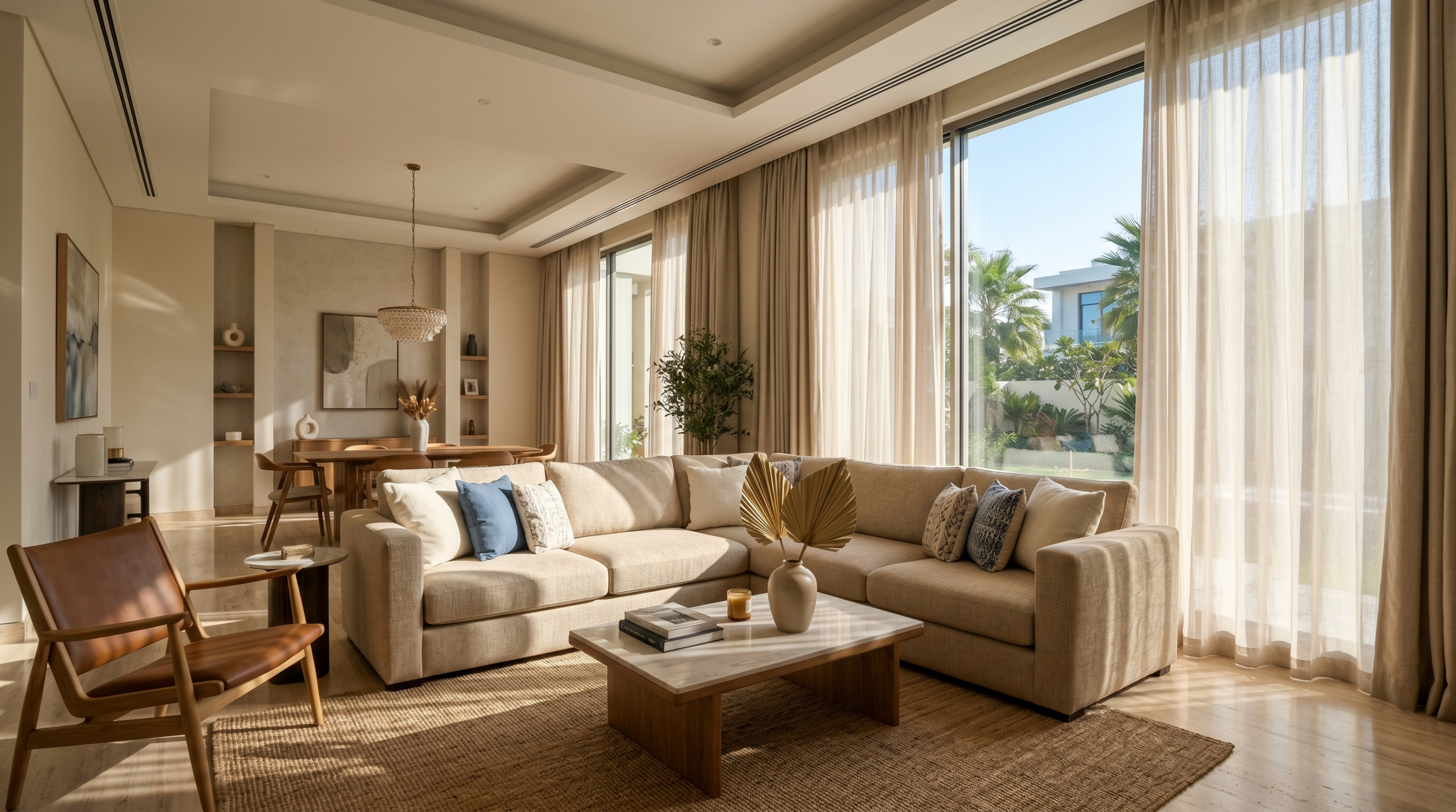 Sunlight management in UAE villa interior — choosing the right furniture colors and fabrics for Dubai climate
