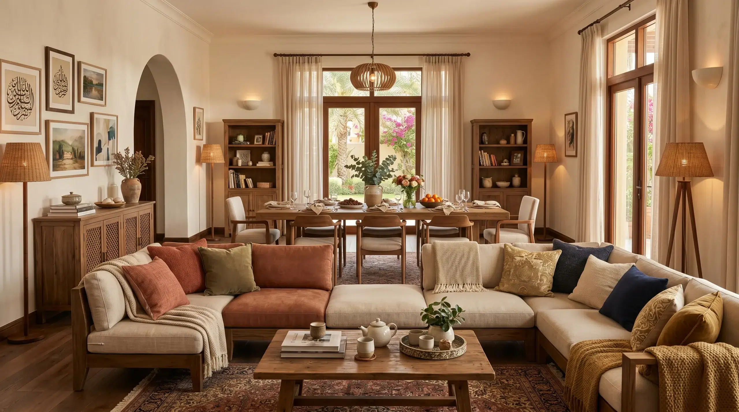 UAE family home furnished living and dining room with Karnak Home furniture — warm tones, kids, family-friendly layout