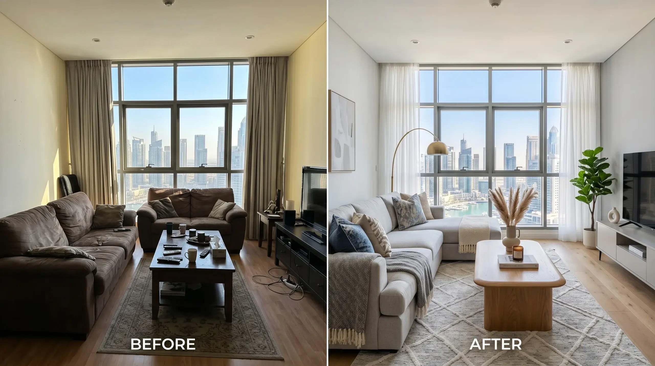UAE home makeover furniture transformation — before and after living room in Dubai apartment with Karnak Home sofa and dining set