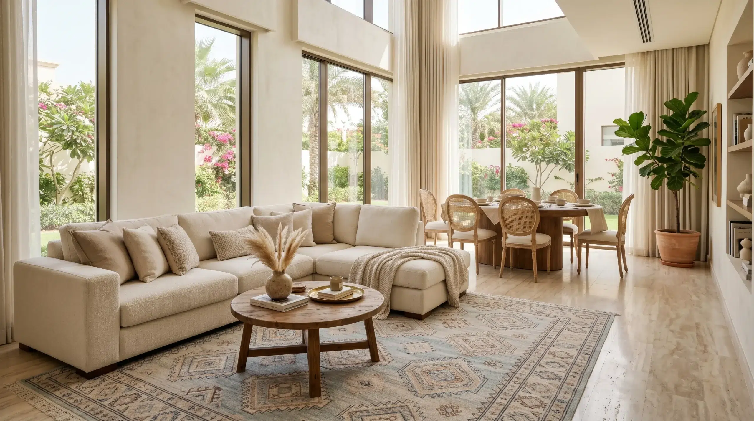UAE villa open-plan living room with L-shaped sectional sofa and dining table — furniture arrangement for larger family spaces