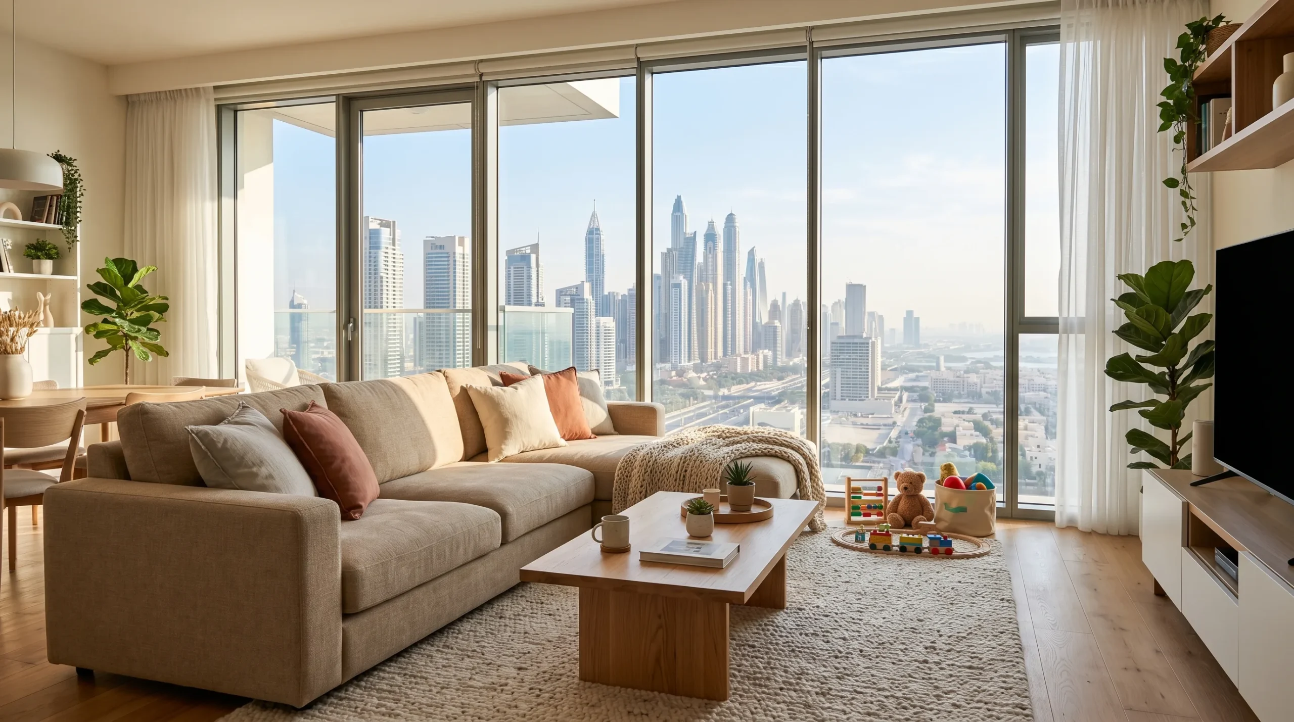 Unfurnished apartment furniture Dubai modern living room setup with sectional sofa and city view