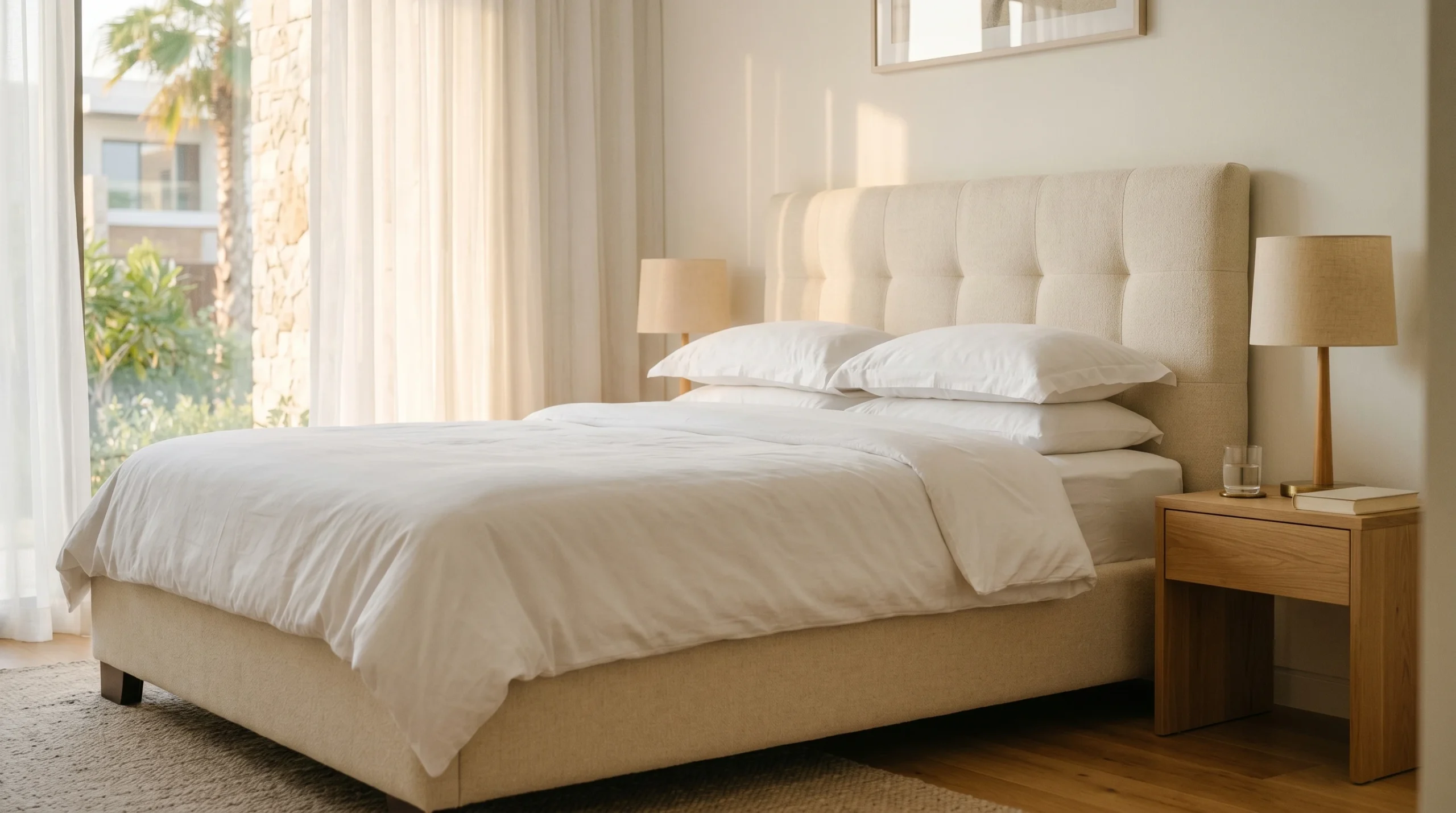 Upholstered queen bed frame in an ivory fabric for a UAE villa guest room, styled with white linen and wooden nightstands