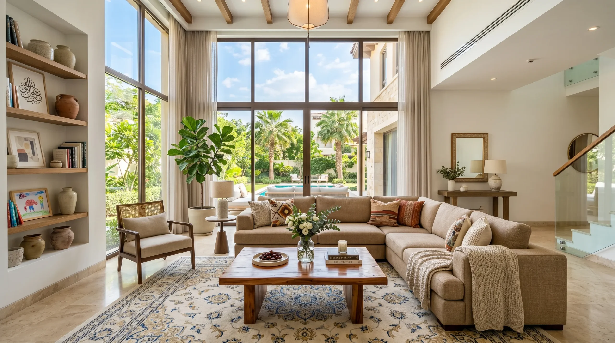 Villa furniture planning Dubai elegant furnished living room in a Dubai villa with L-shaped sofa and natural light